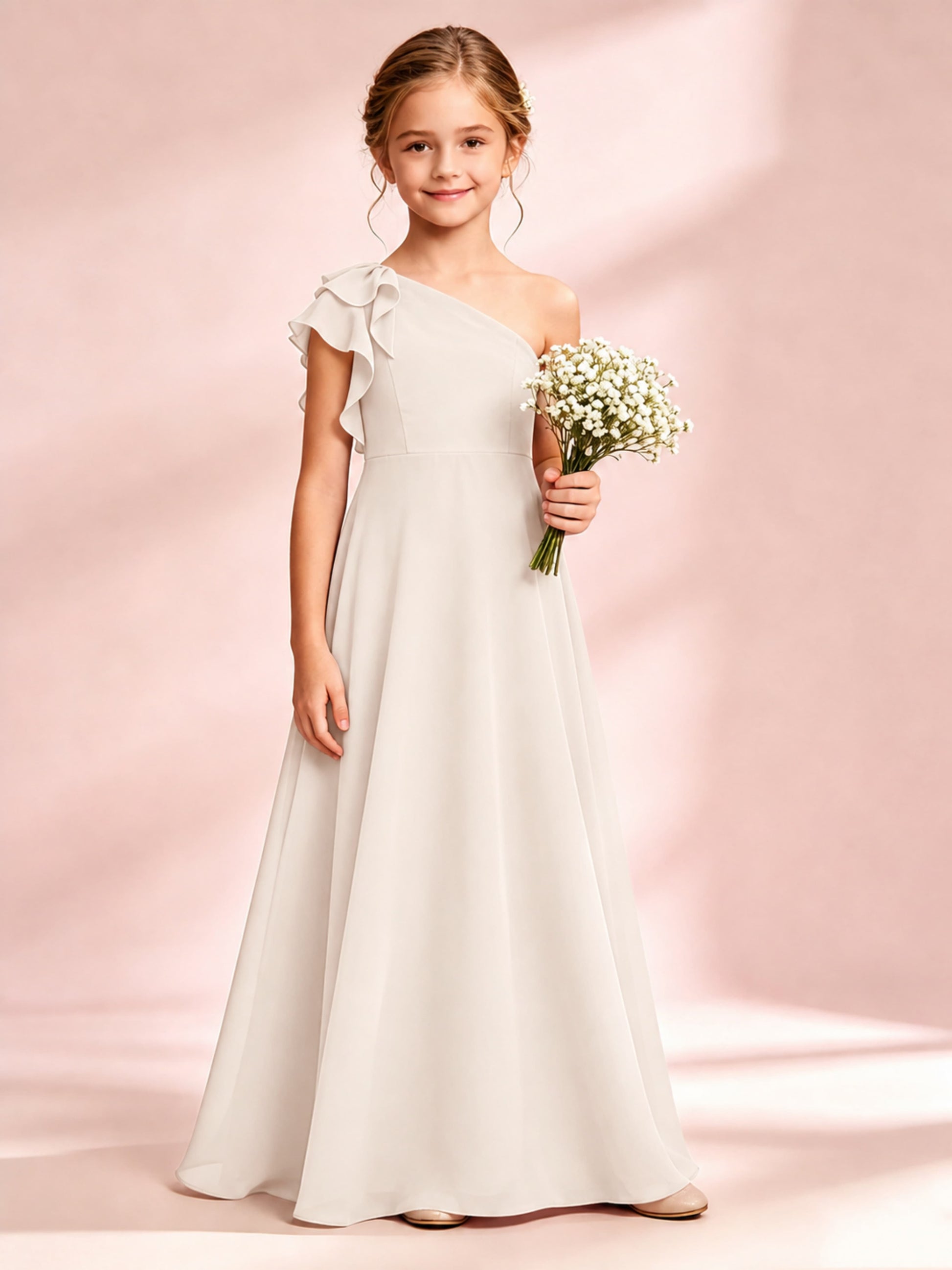 Chiffon Junior Bridesmaid Dress for Wedding One Shoulder Flower Girl Dresses