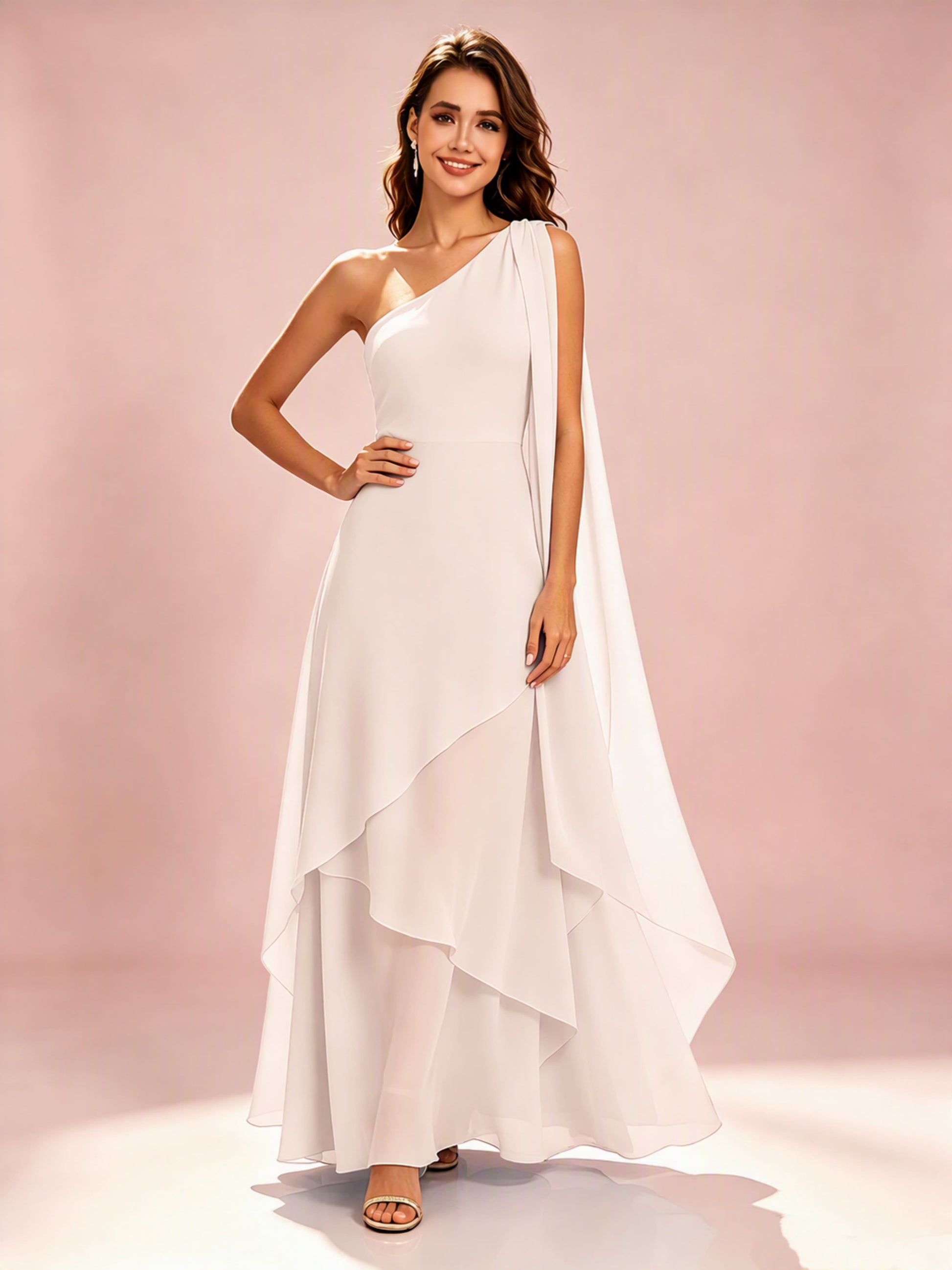 One Shoulder Chiffon Tiered Layered Bridesmaid Dresses for Wedding