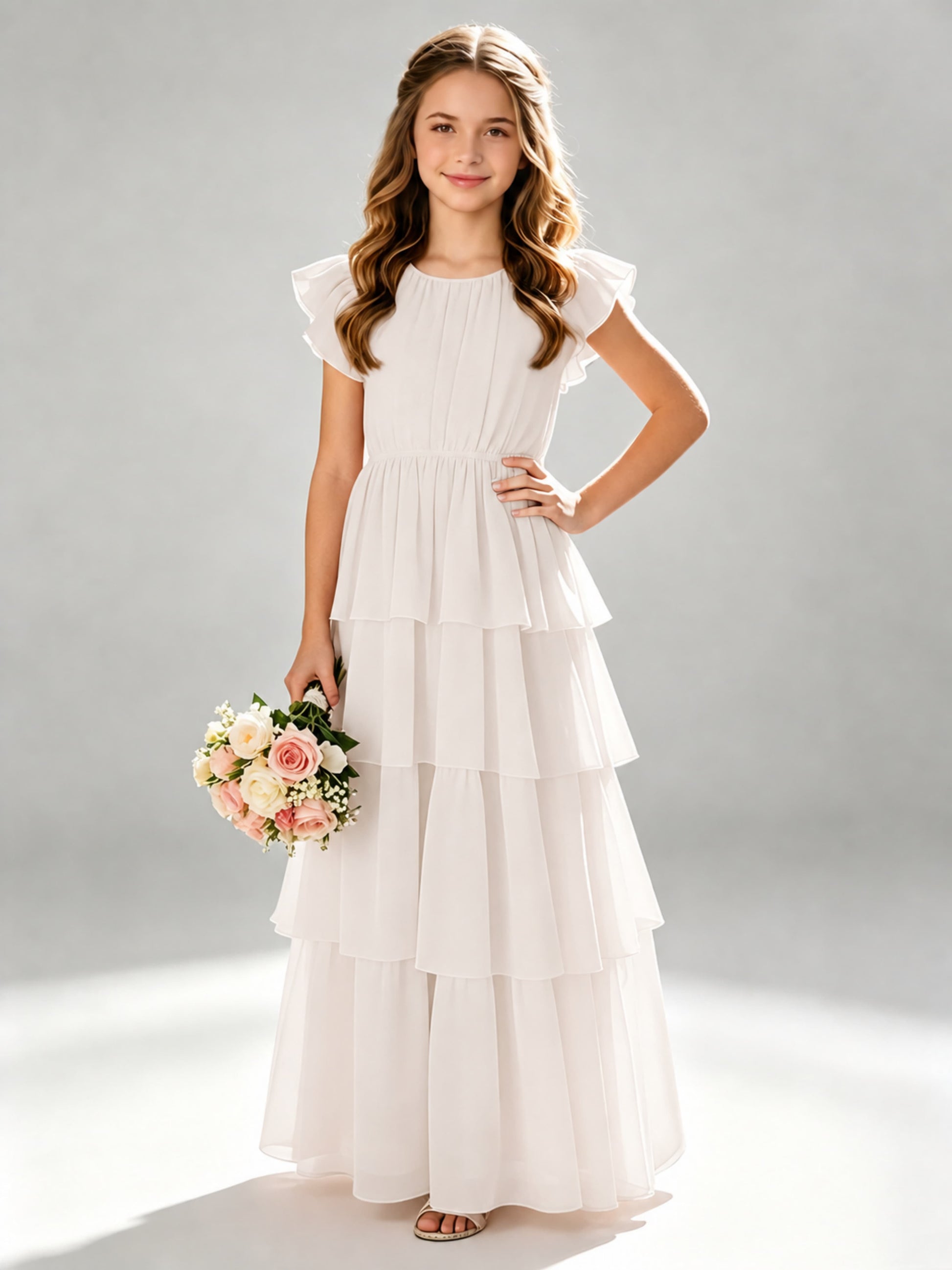 Chiffon Tiered Pleated Long Junior Bridesmaid Dresses
