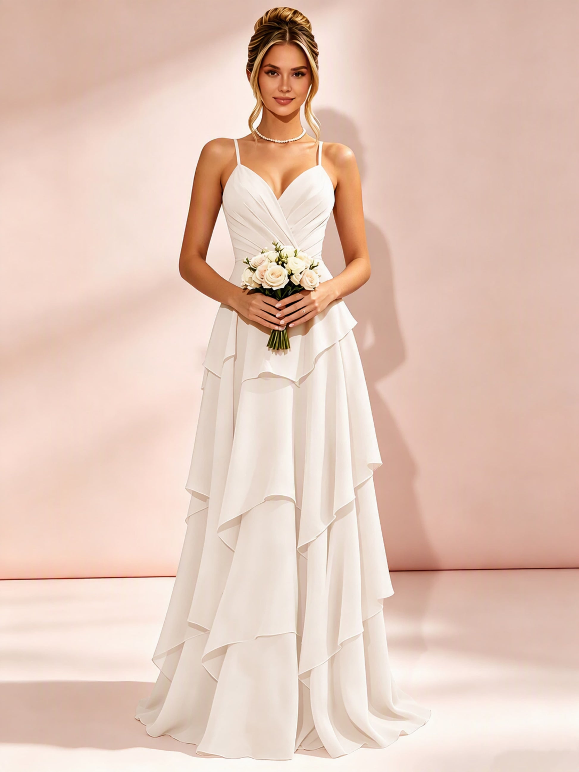 Spaghetti Straps Ruffle Tiered Chiffon Bridesmaid Dress for Wedding