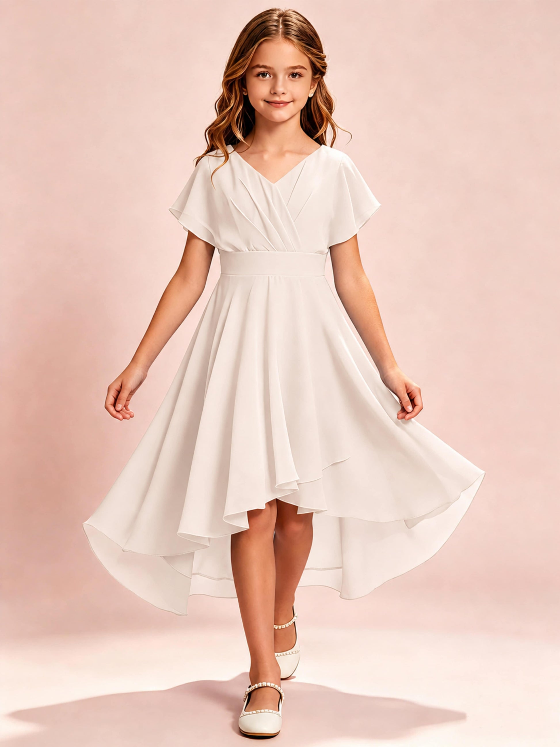 Chiffon High Low Cap Sleeve Junior Bridesmaid Dress for Wedding