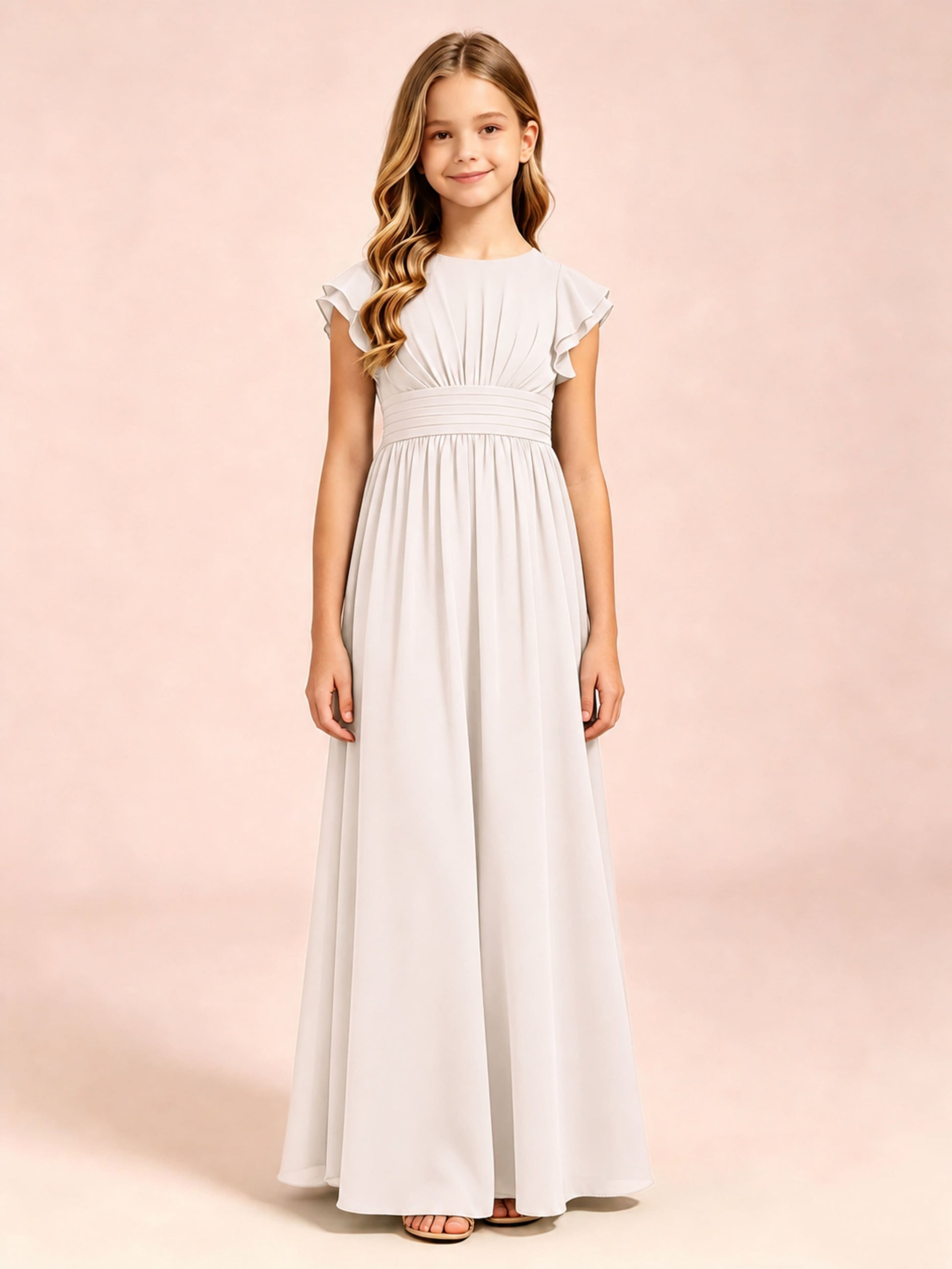 Chiffon Ruffle Cap Sleeve Junior Bridesmaid Dress for Wedding