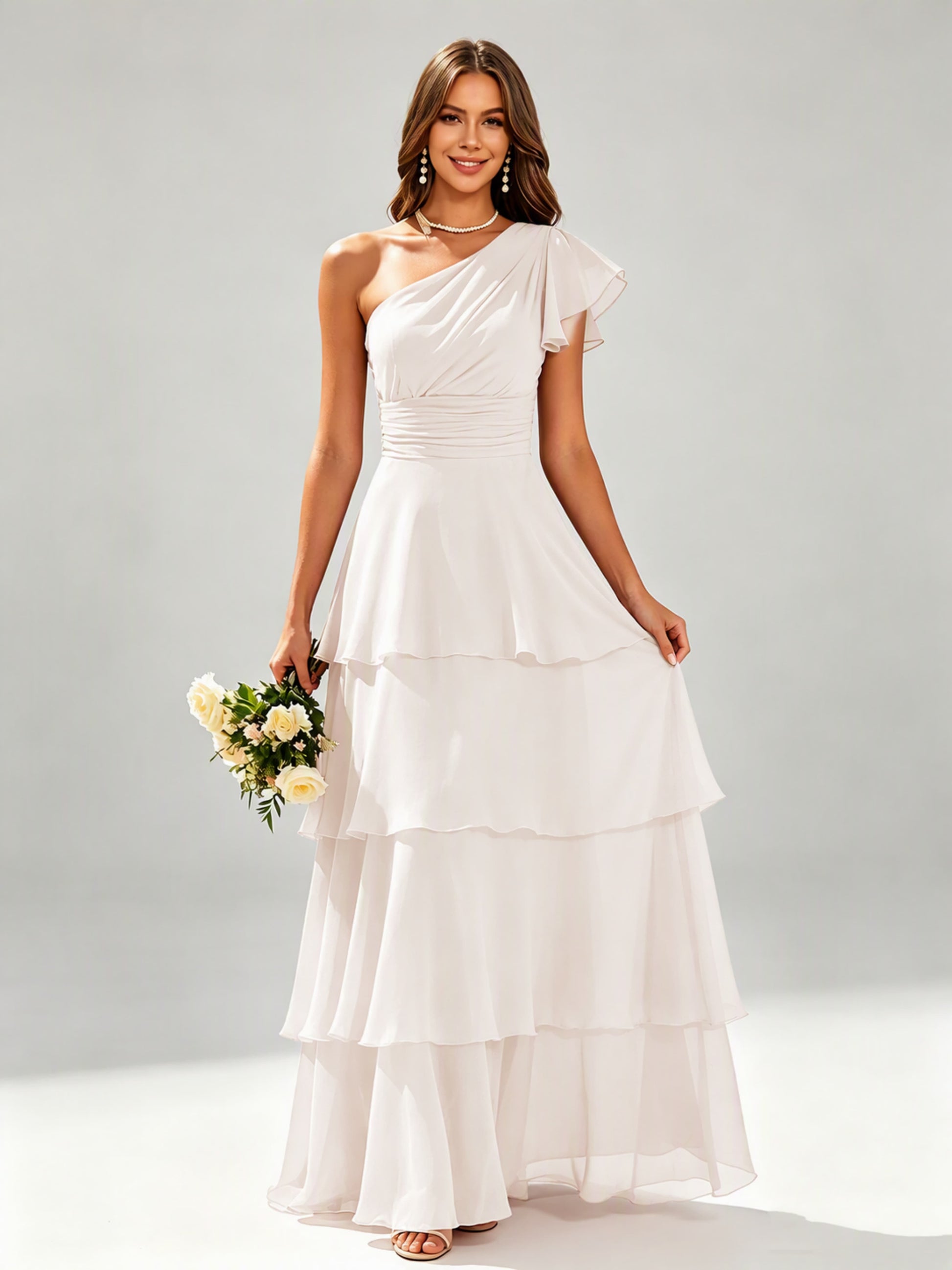 One Shoulder Ruffle Tiered Chiffon Bridesmaid Dress for Wedding