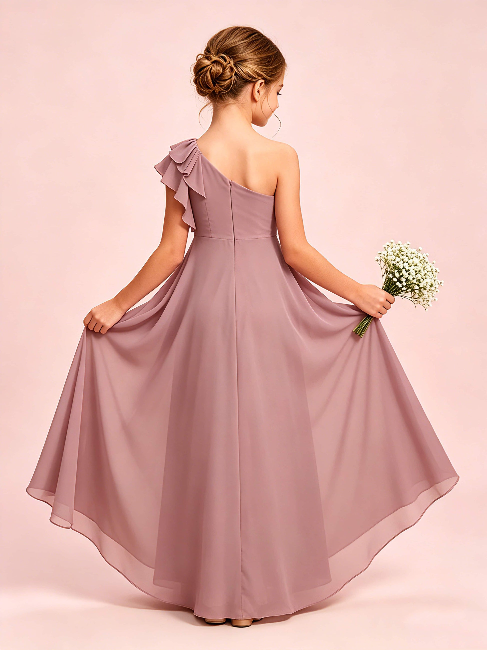 Chiffon Junior Bridesmaid Dress for Wedding One Shoulder Flower Girl Dresses