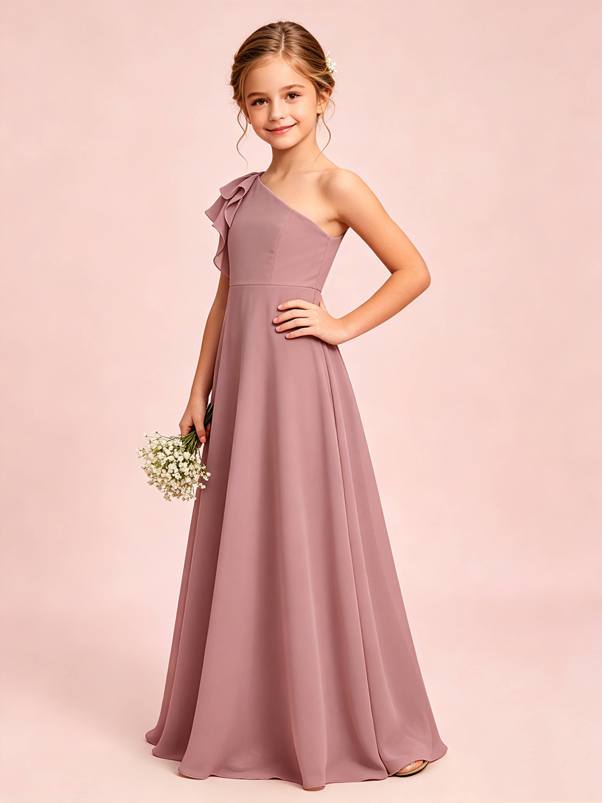 Chiffon Junior Bridesmaid Dress for Wedding One Shoulder Flower Girl Dresses