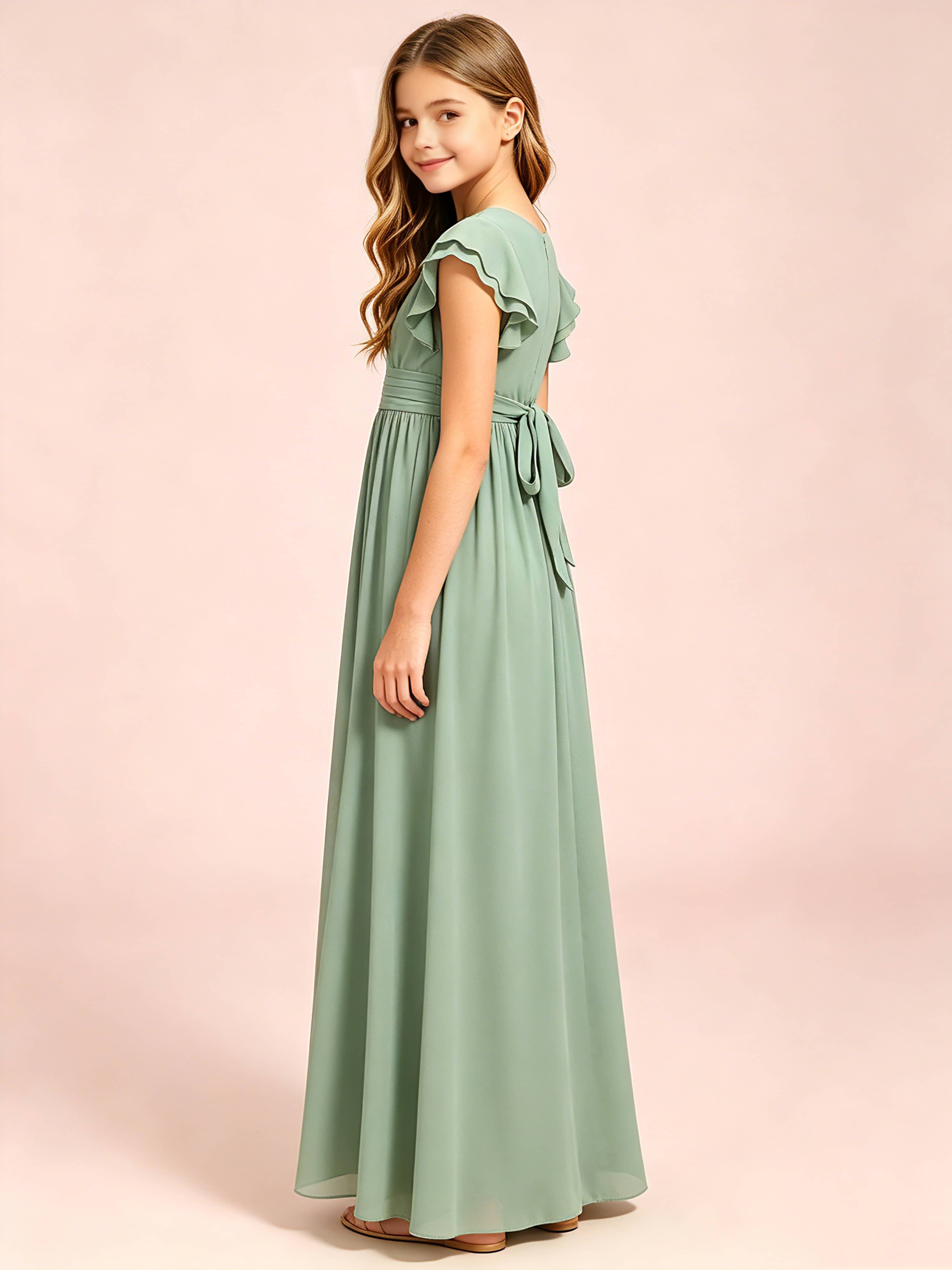 Chiffon Ruffle Cap Sleeve Junior Bridesmaid Dress for Wedding