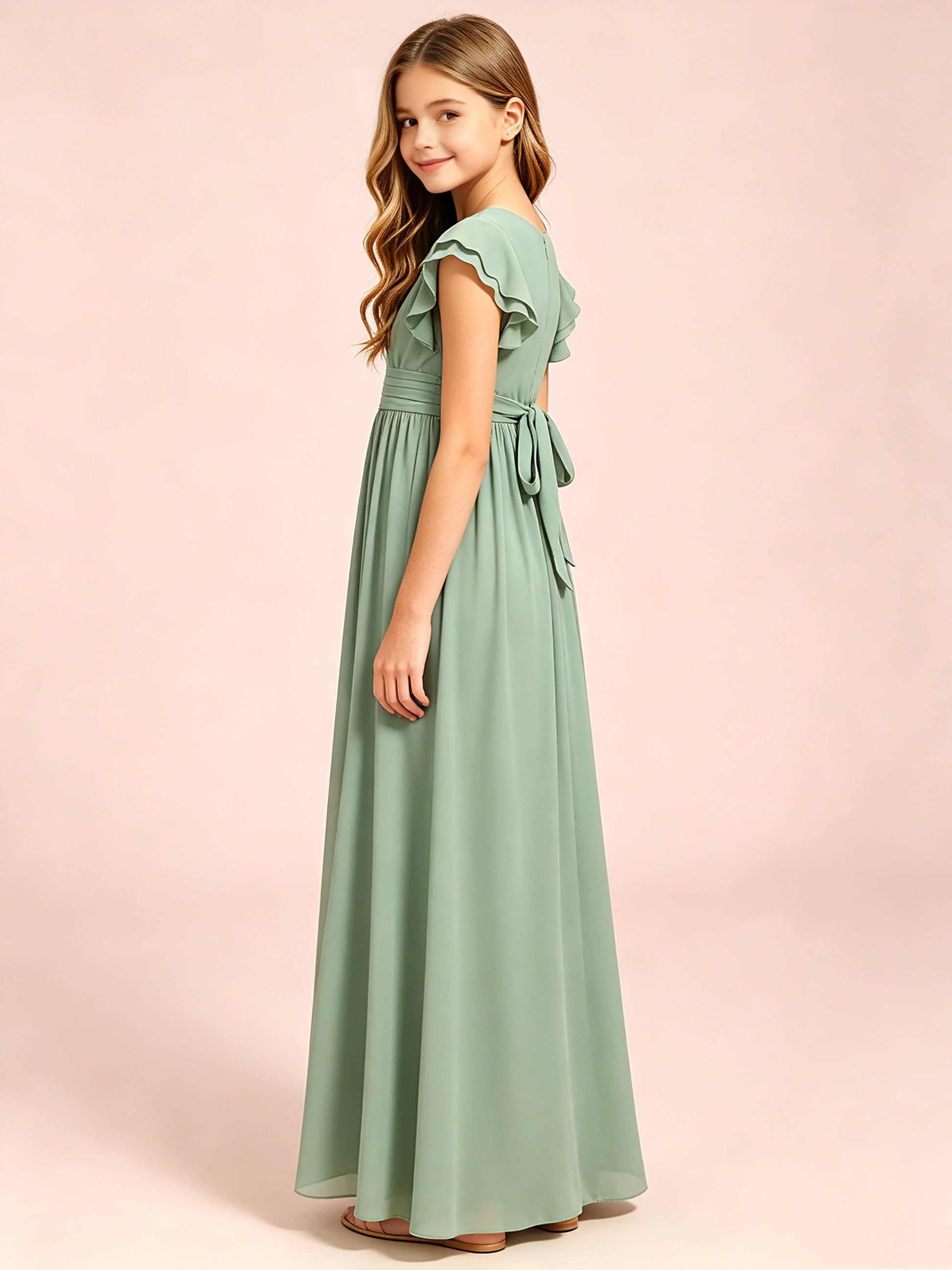 Chiffon Ruffle Cap Sleeve Junior Bridesmaid Dress for Wedding