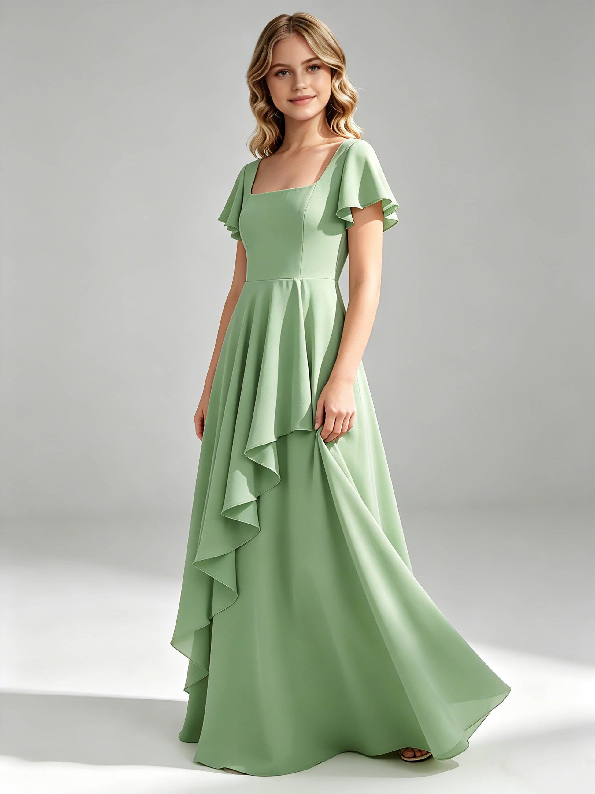 A-Line Square Neck Ruffle Junior Bridesmaid Dresses