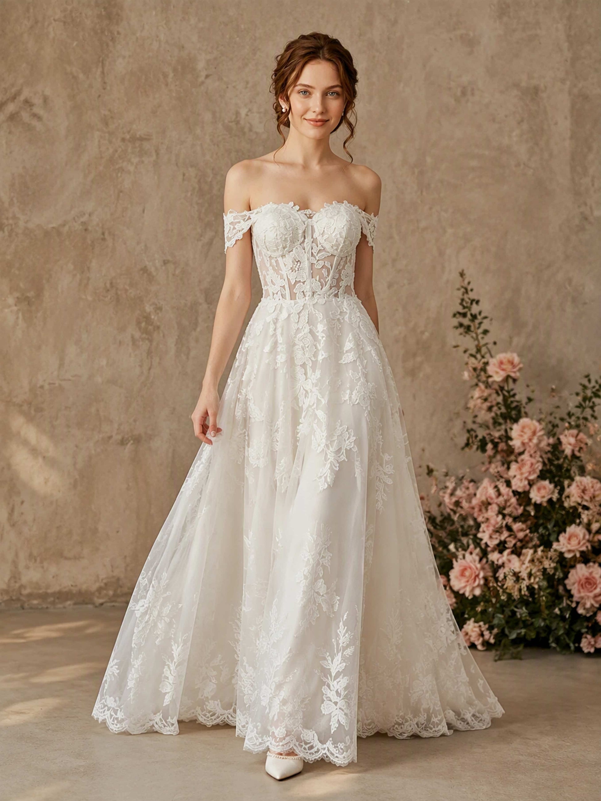 Off Shoulder Lace Long Wedding Dress with Train