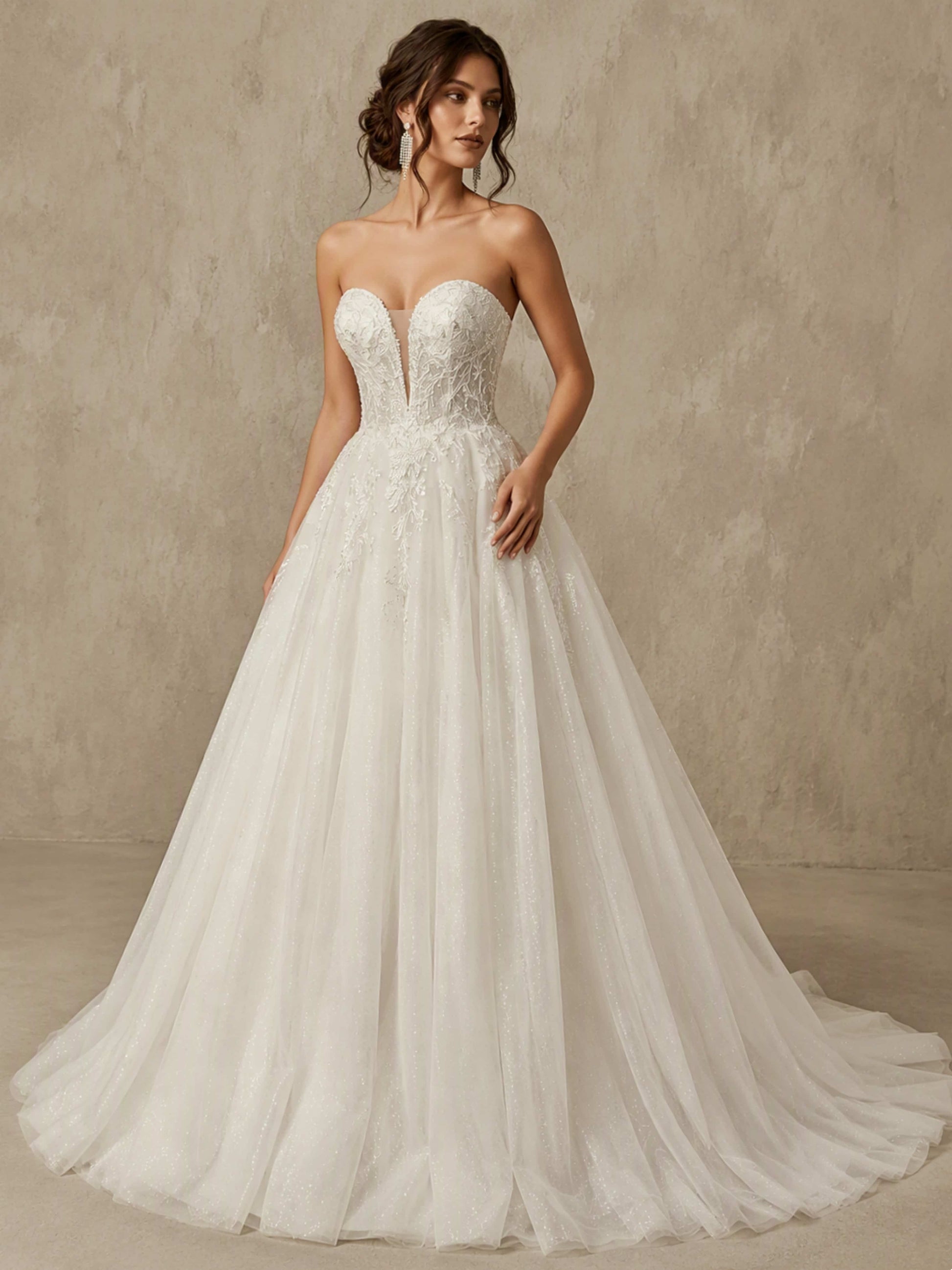 Strapless Sweetheart Neck Sparkly Tulle Puffy Long Wedding Dress