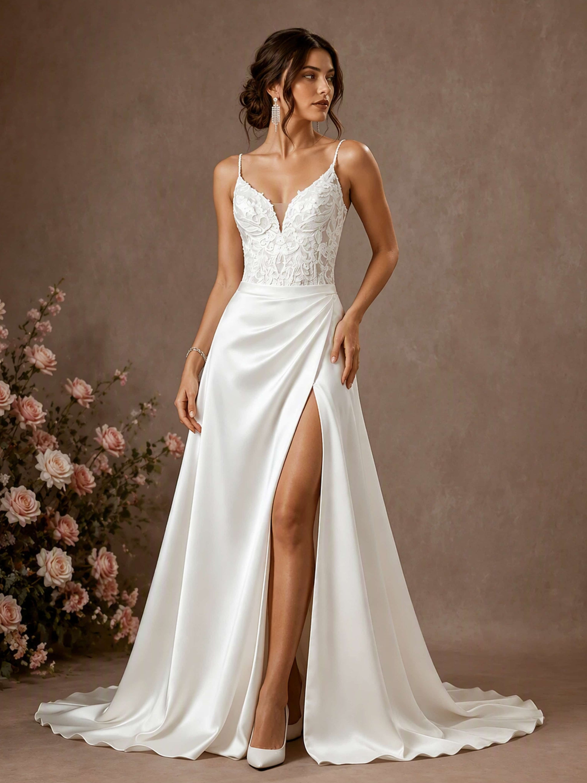 Spaghetti Straps Lace Satin V-Neck Wedding Dress with Slit