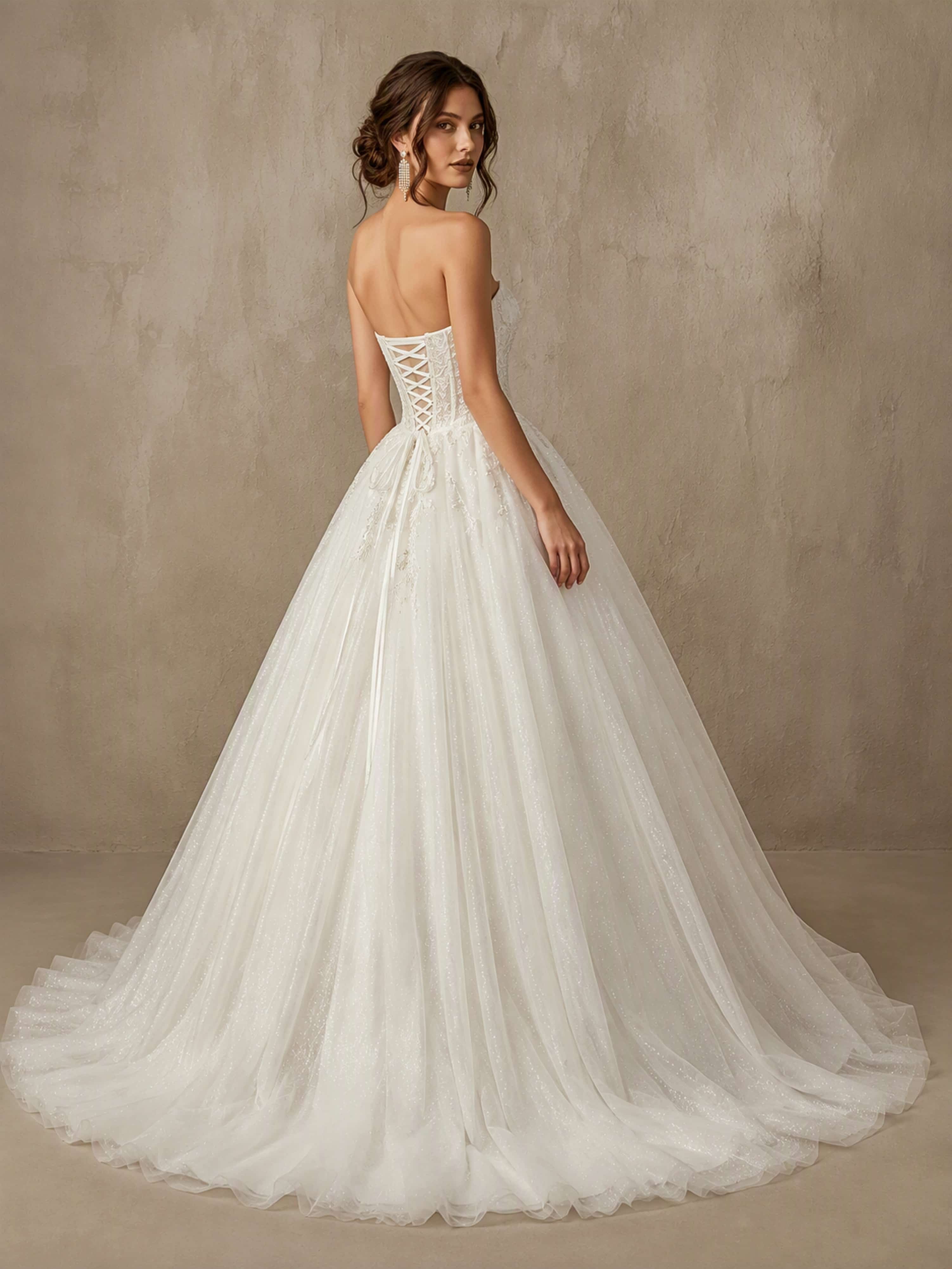 Strapless Sweetheart Neck Sparkly Tulle Puffy Long Wedding Dress