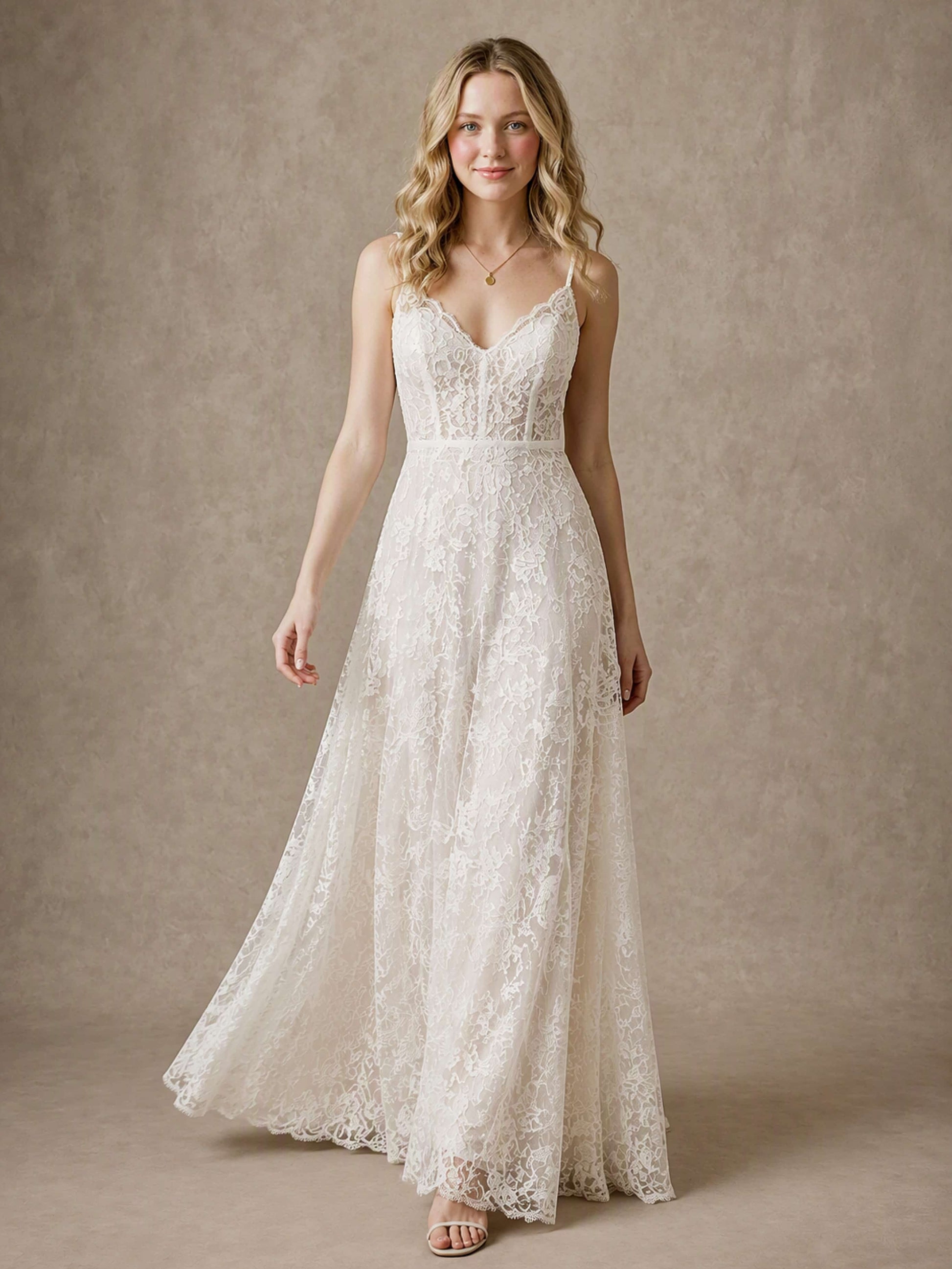 Floor Length Spaghetti Straps Lace Boho Wedding Dress