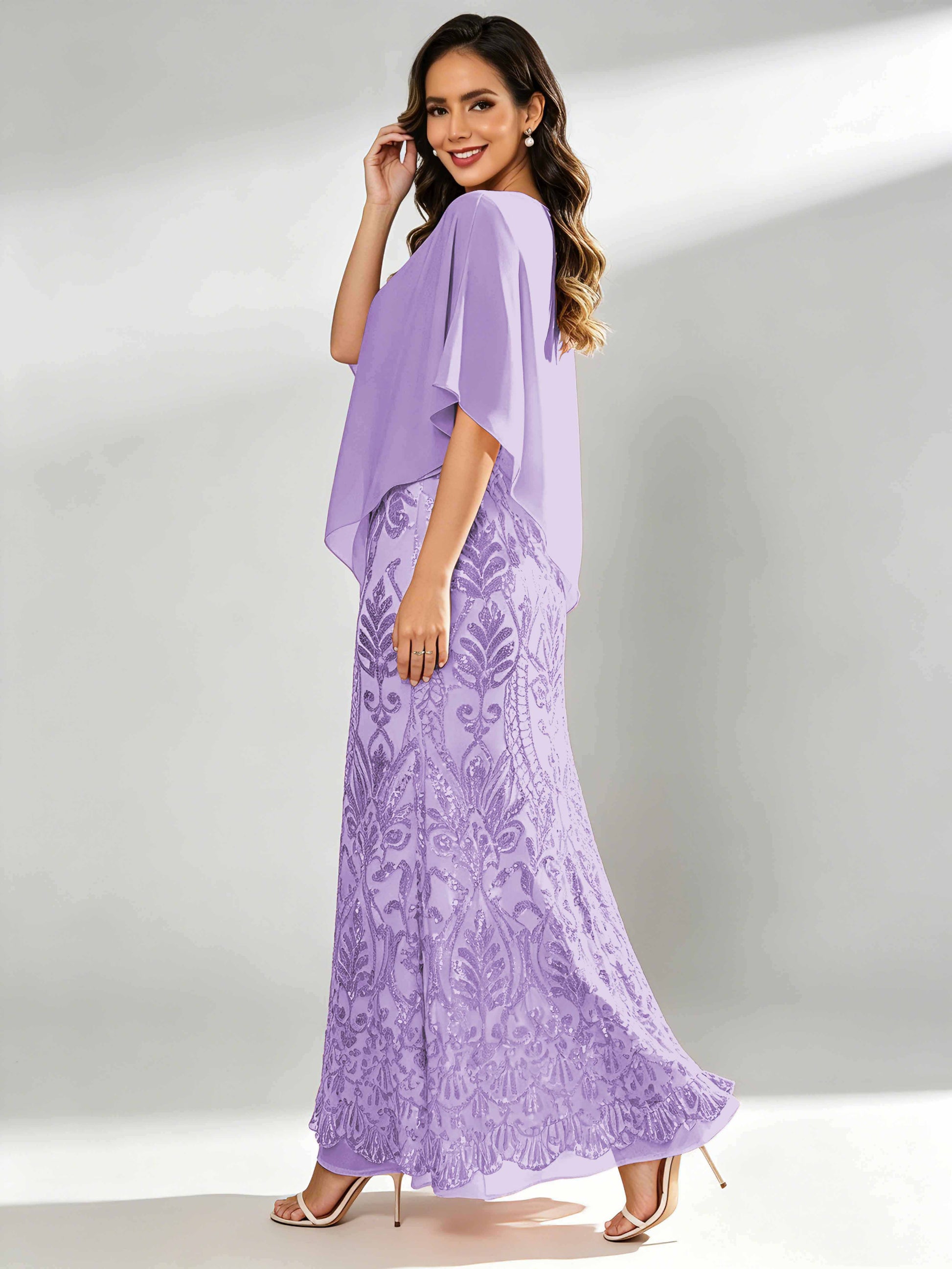 Mermaid Sequin Mother of The Bride Dress with Chiffon Cape