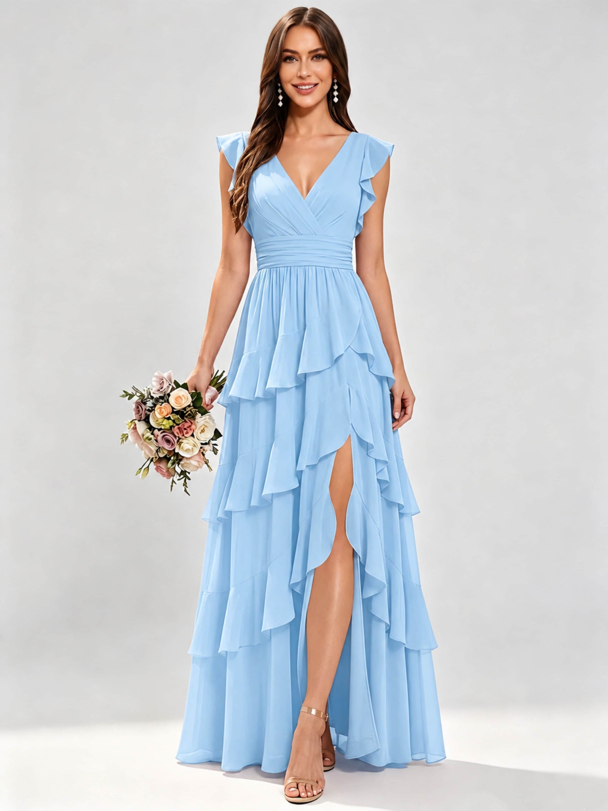 Ruffle Sleeve Tiered Chiffon Bridesmaid Dresses for Wedding with Slit