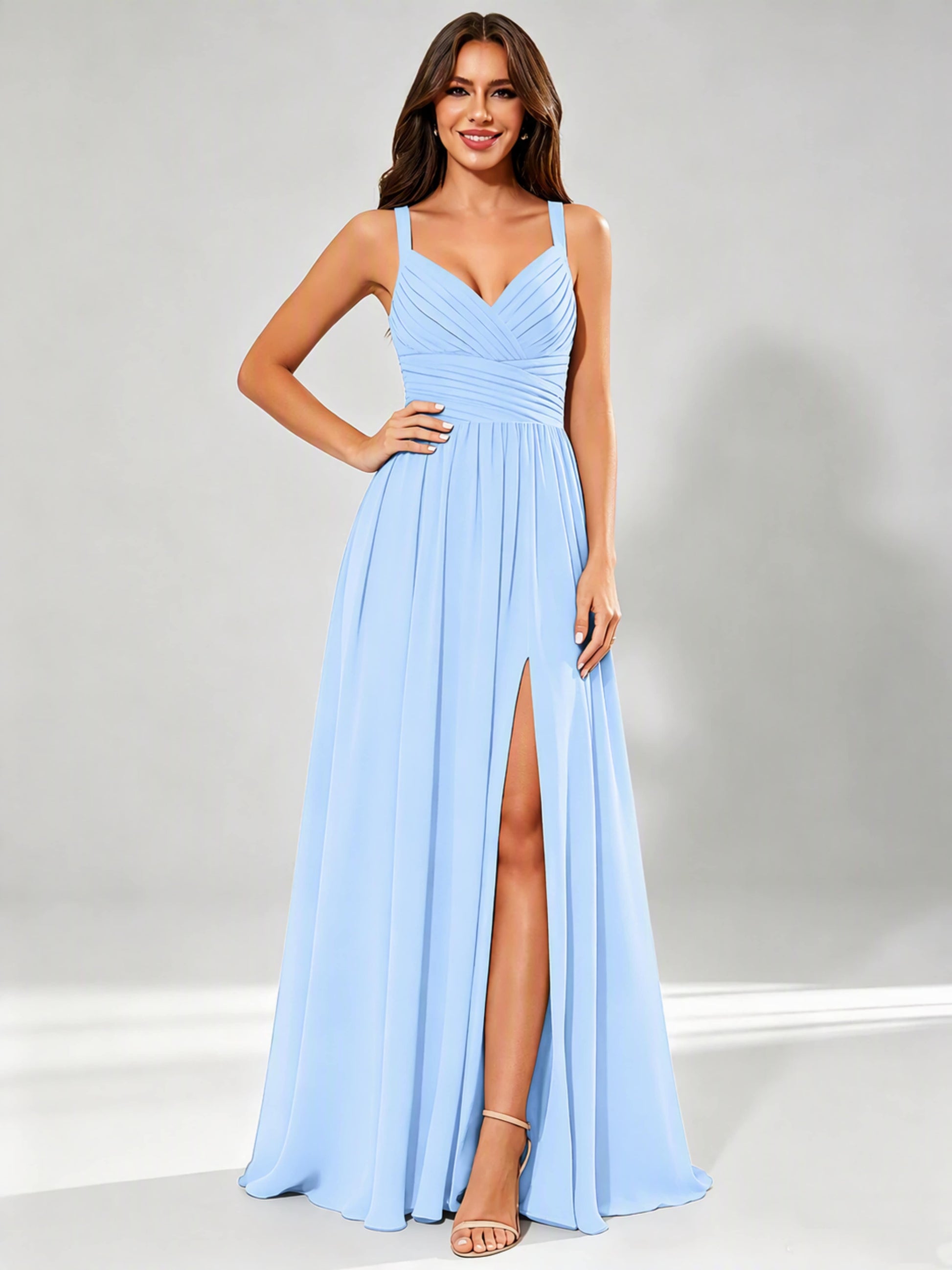 Spaghetti Straps Chiffon Ruched Bust Pleated Bridesmaid Dress for Wedding