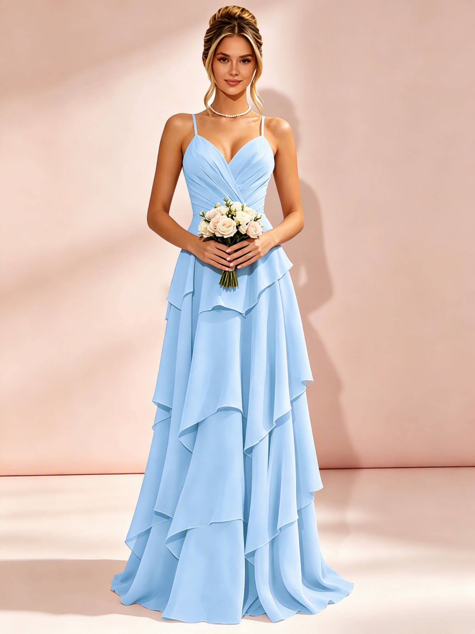 Spaghetti Straps Ruffle Tiered Chiffon Bridesmaid Dress for Wedding
