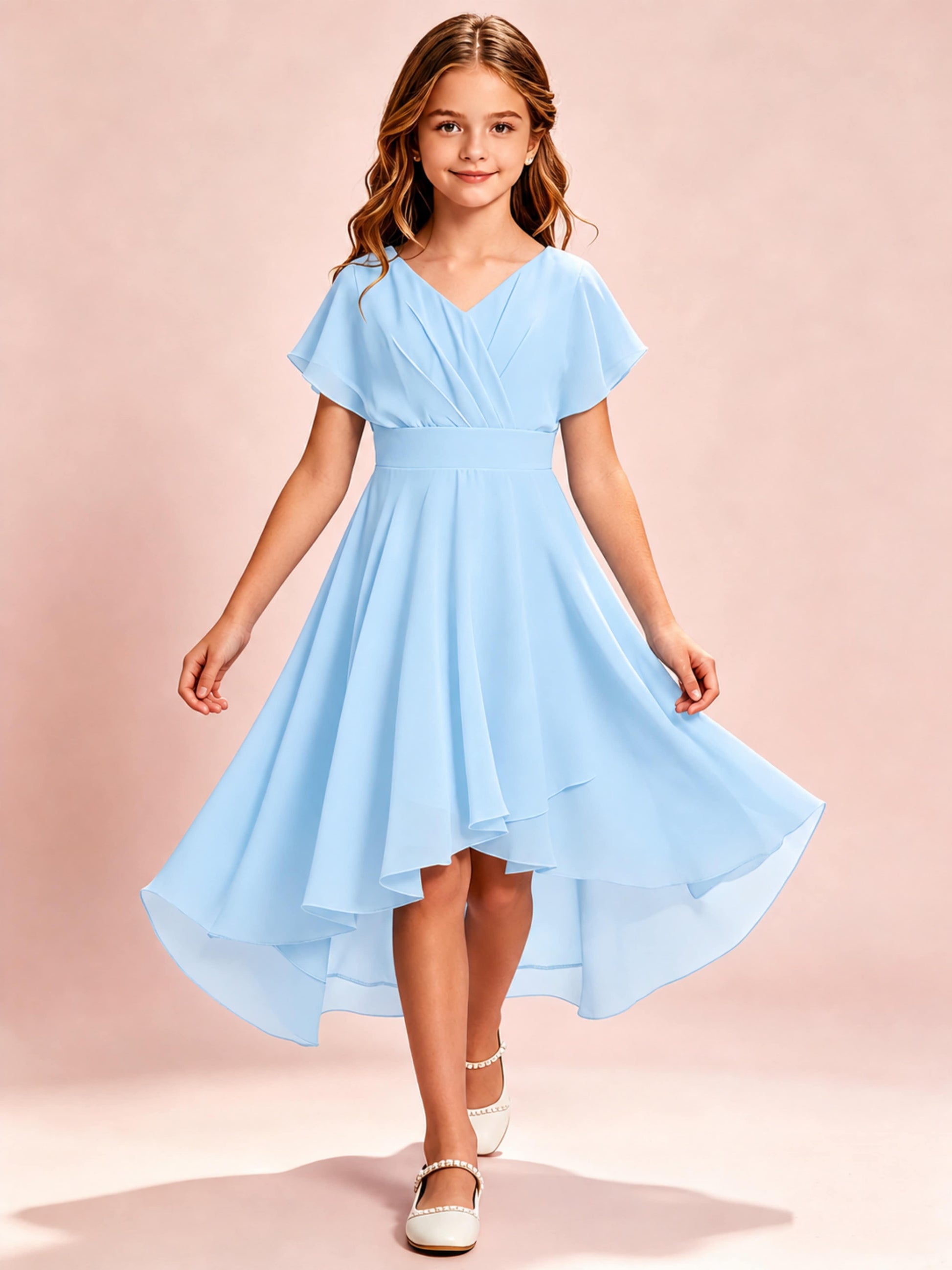 Chiffon High Low Cap Sleeve Junior Bridesmaid Dress for Wedding