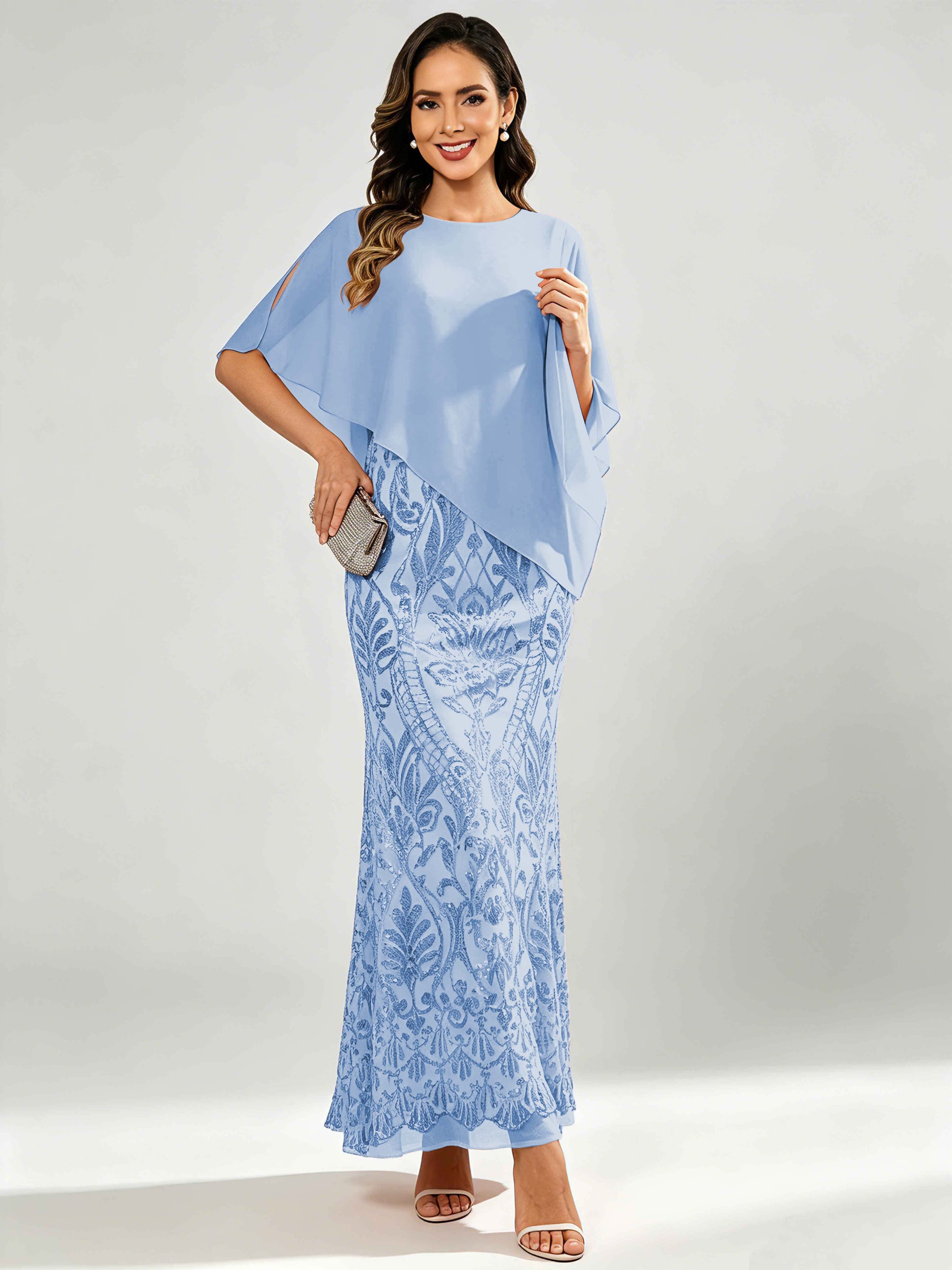 Mermaid Sequin Mother of The Bride Dress with Chiffon Cape