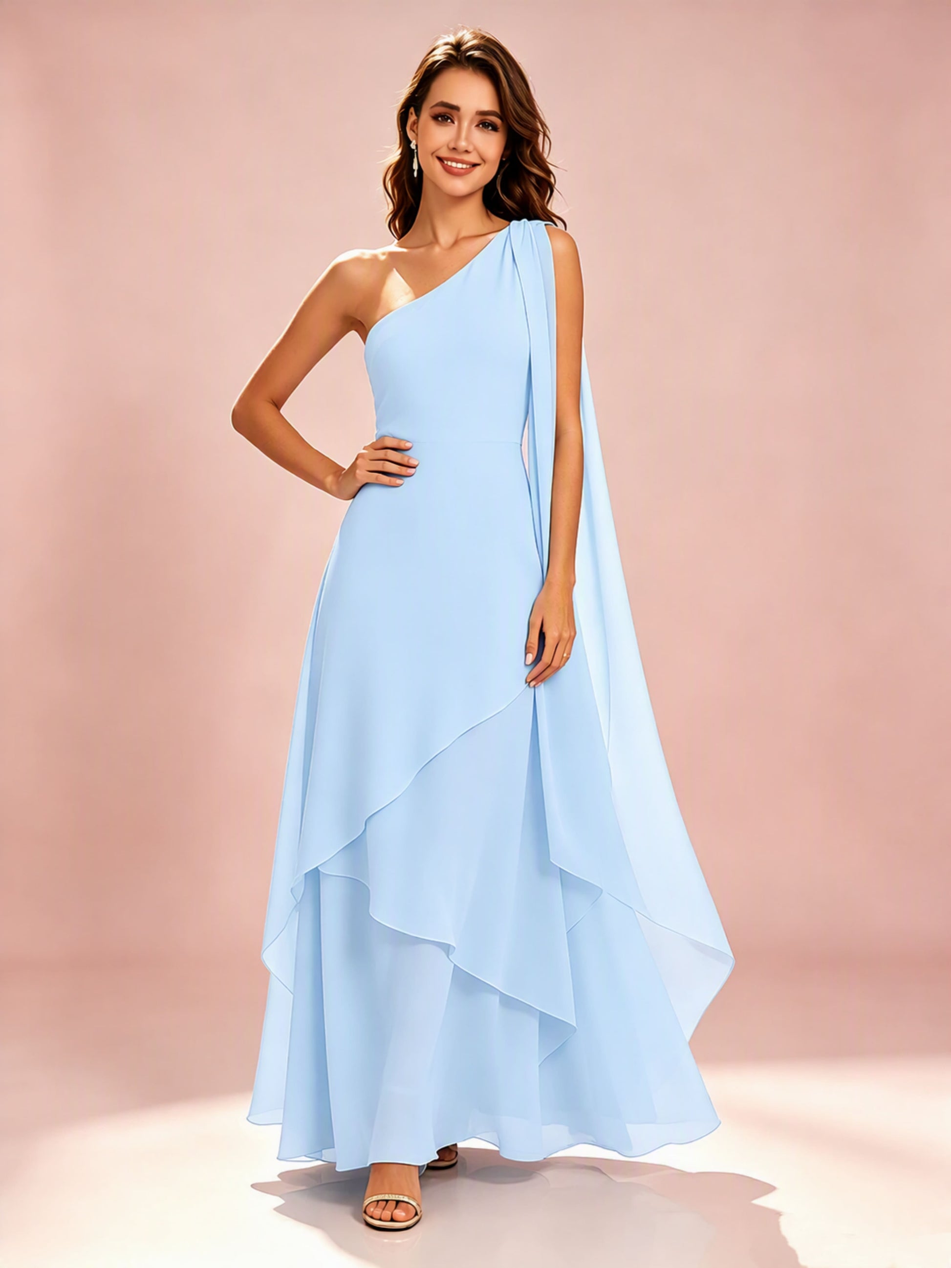 One Shoulder Chiffon Tiered Layered Bridesmaid Dresses for Wedding
