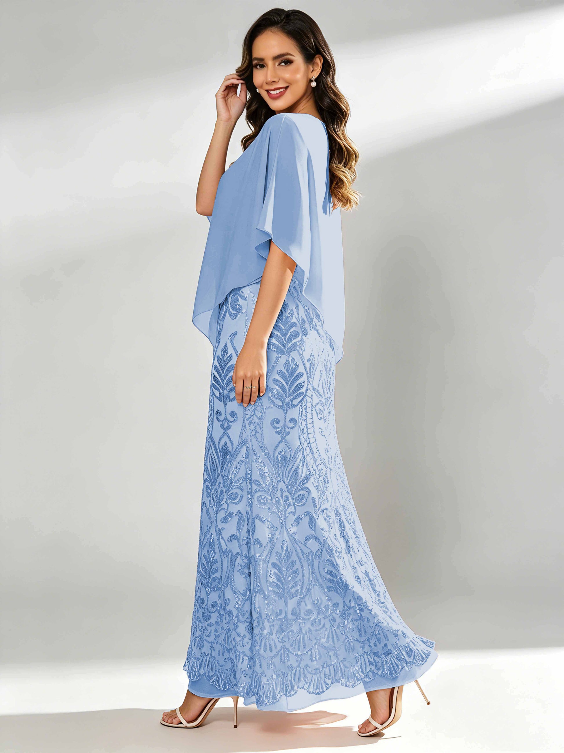 Mermaid Sequin Mother of The Bride Dress with Chiffon Cape