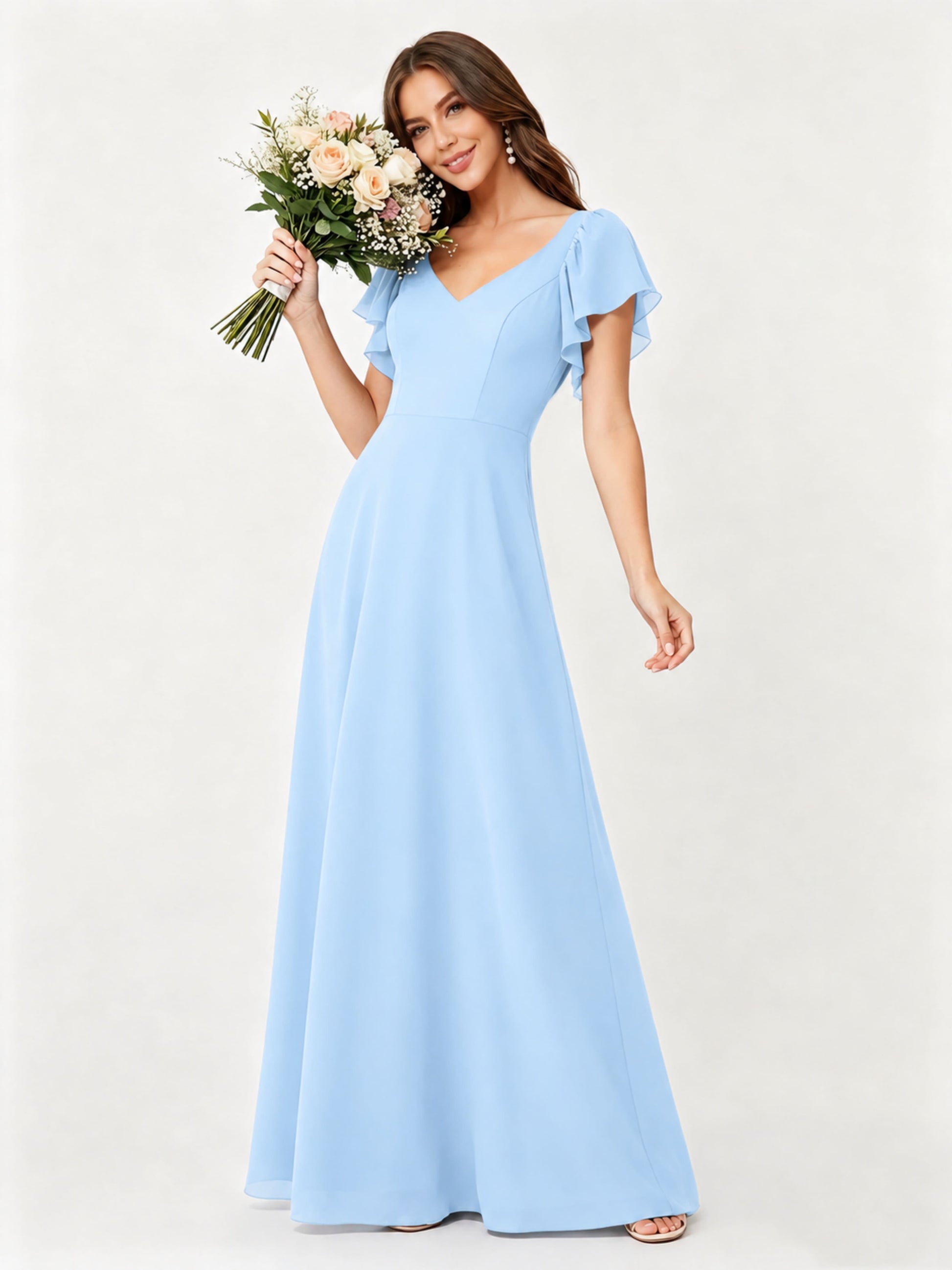 Ruffle Sleeve Chiffon Bridesmaid Dresses for Women Wedding
