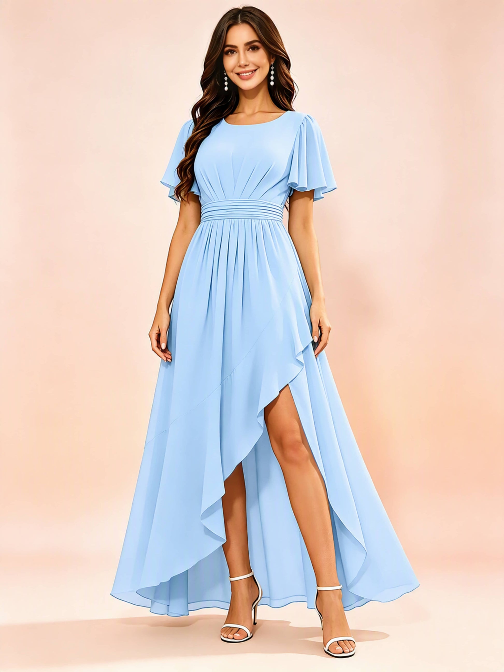 Chiffon High Low Round Neck Bridesmaid / Wedding Guest Dresses
