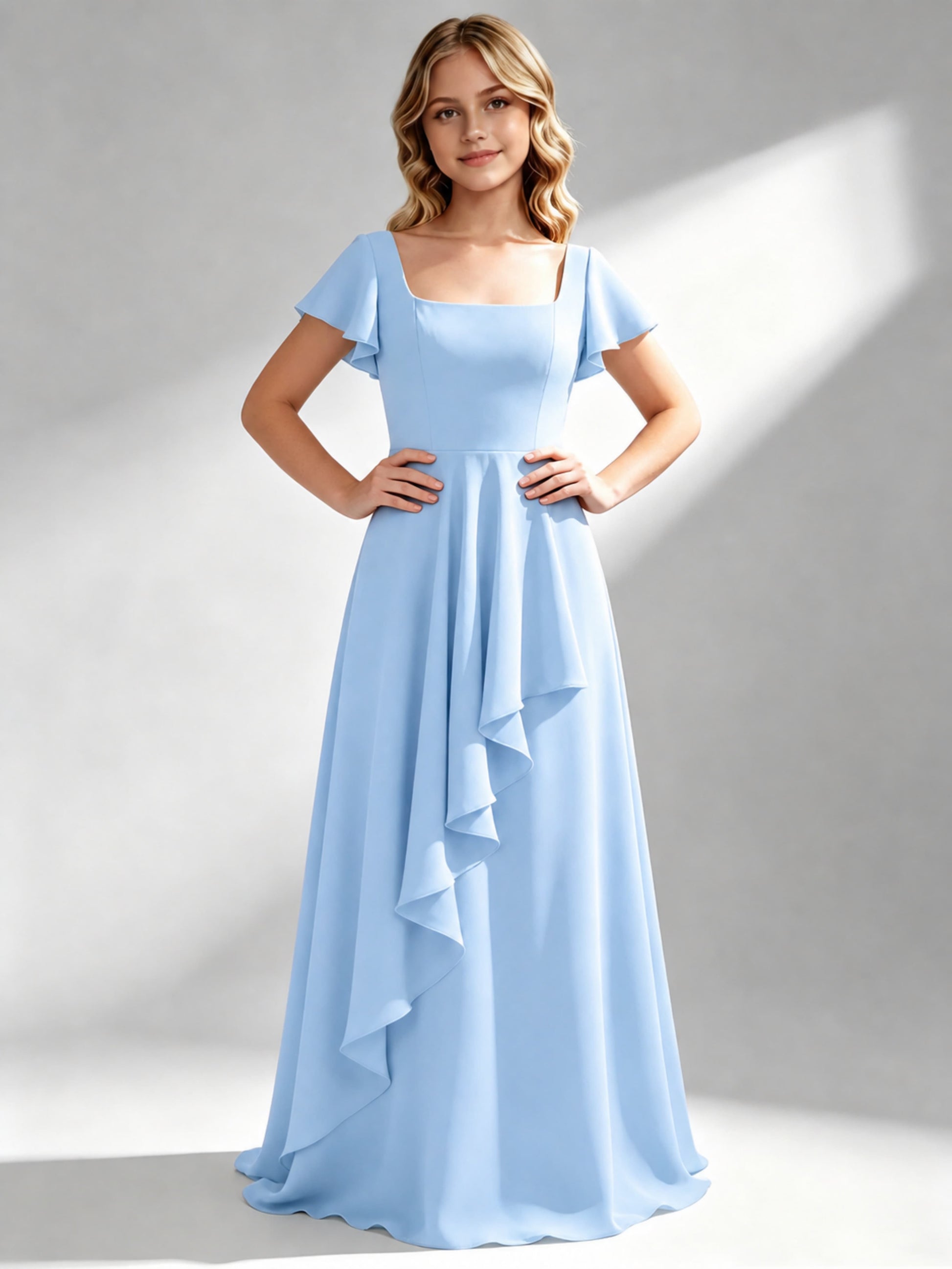 A-Line Square Neck Ruffle Junior Bridesmaid Dresses