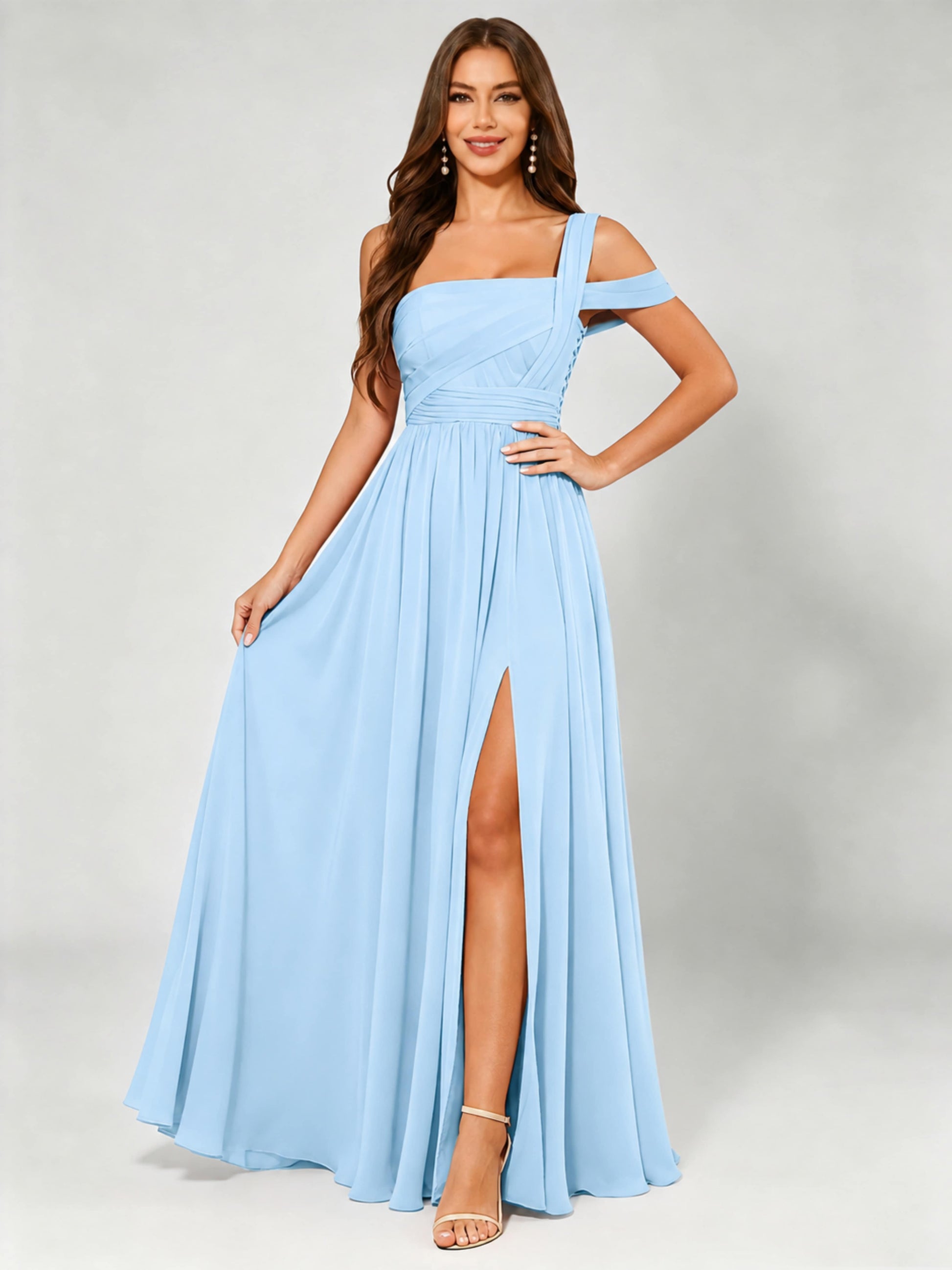 One Shoulder Chiffon Pleated Bridesmaid Dresses for Wedding