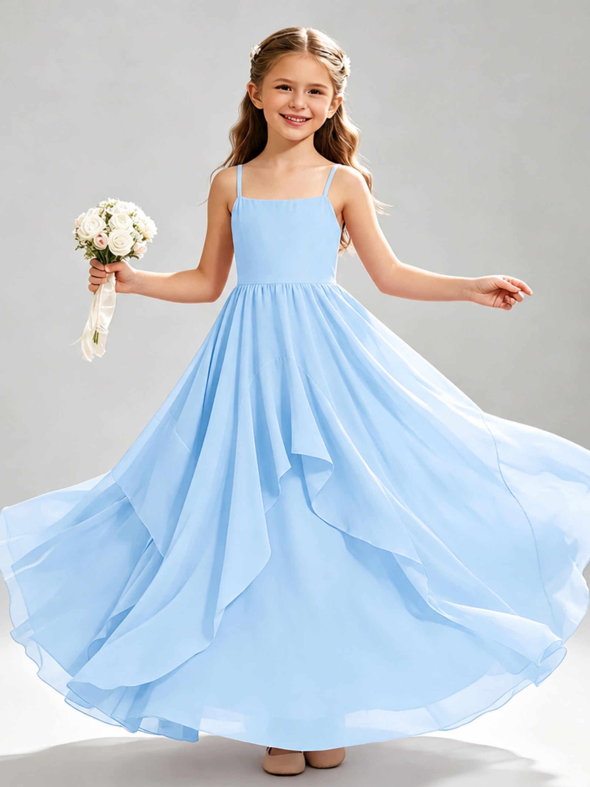 A-Line Spaghetti Straps Ruffle Junior Bridesmaid Dresses