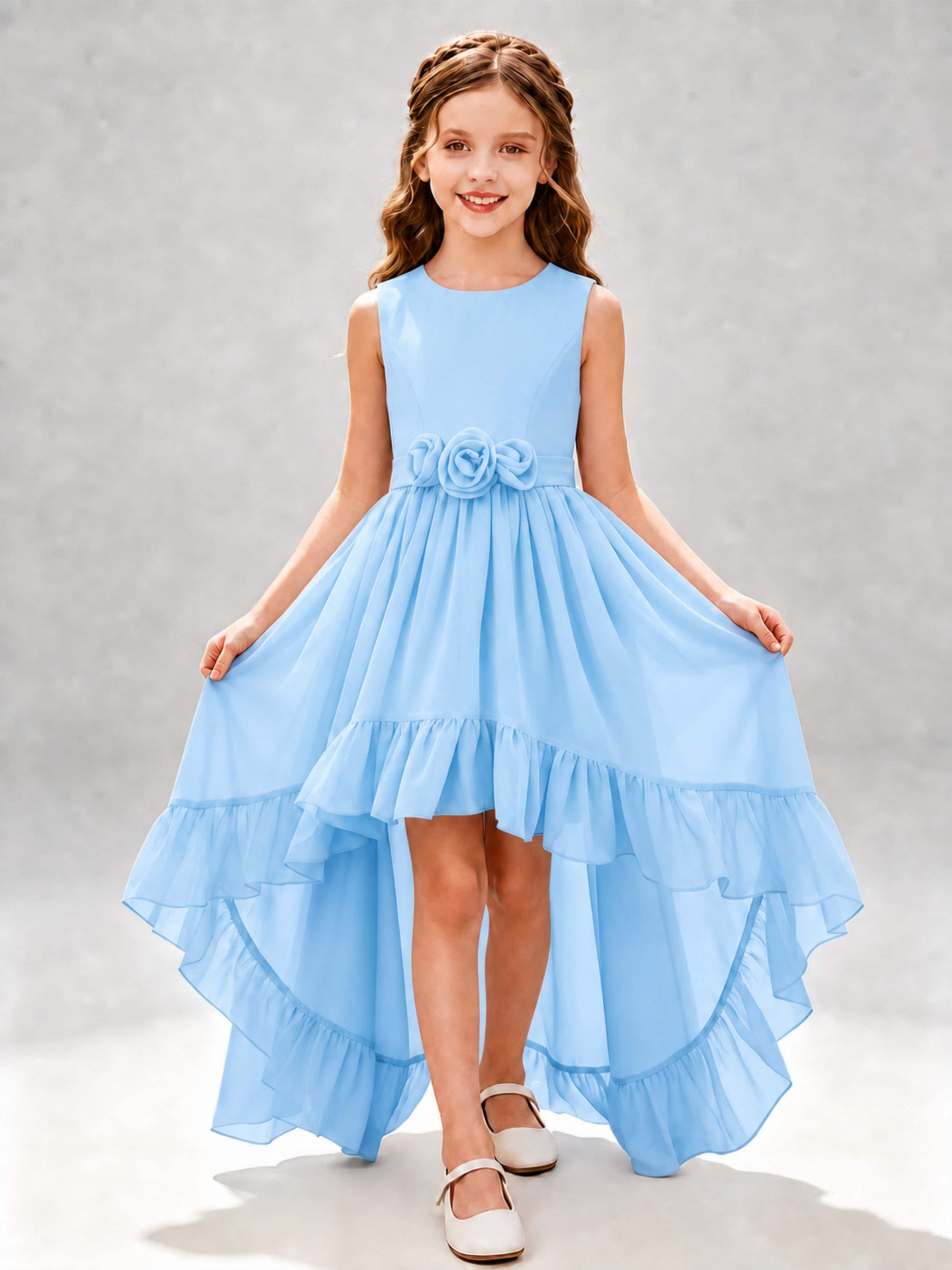Chiffon 3D Flower High Low Junior Bridesmaid Dresses