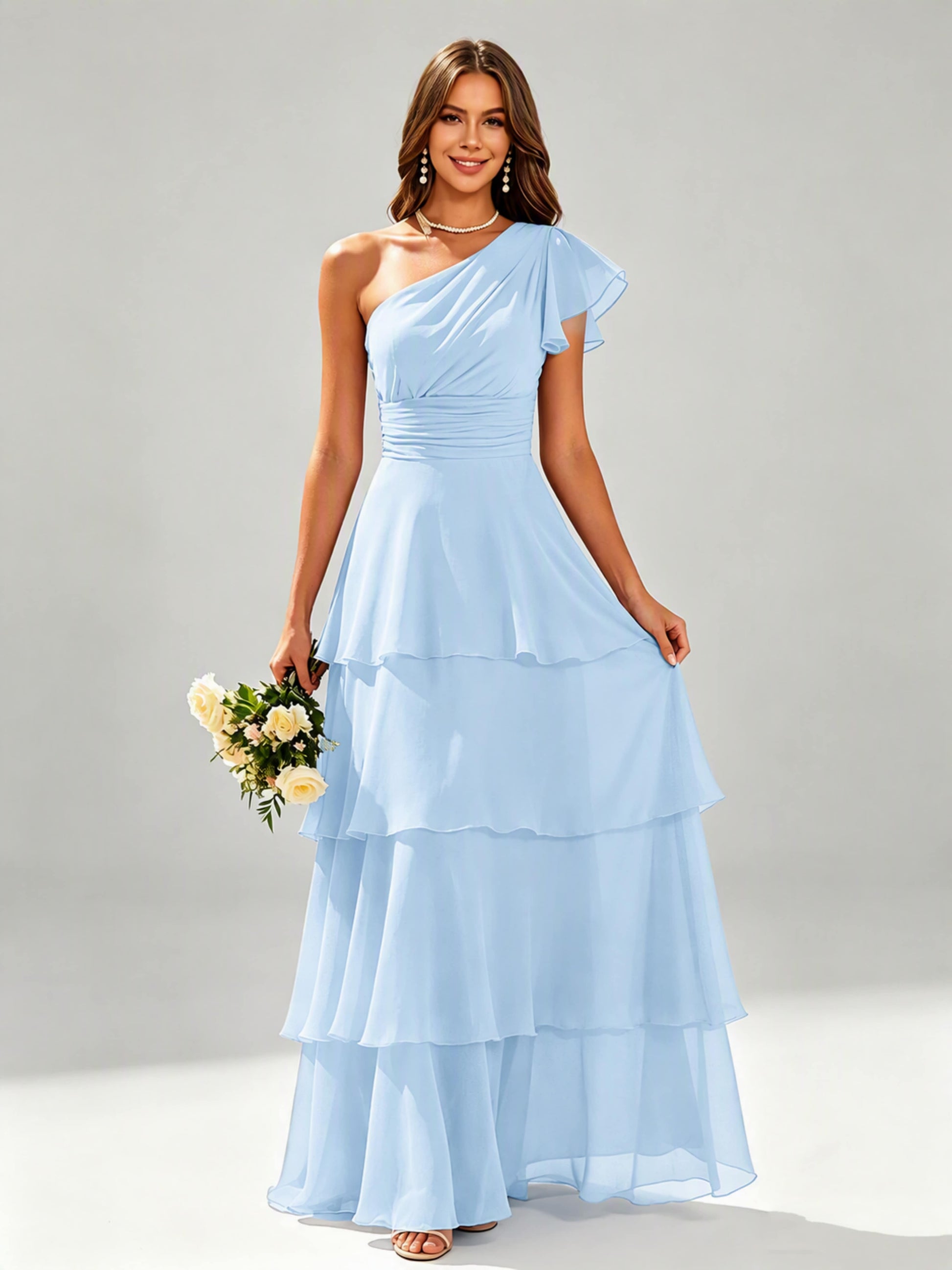 One Shoulder Ruffle Tiered Chiffon Bridesmaid Dress for Wedding