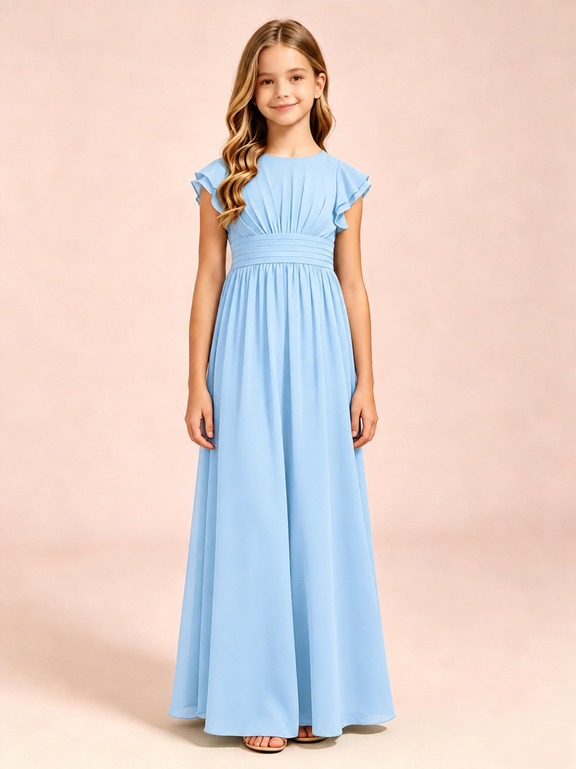 Chiffon Ruffle Cap Sleeve Junior Bridesmaid Dress for Wedding