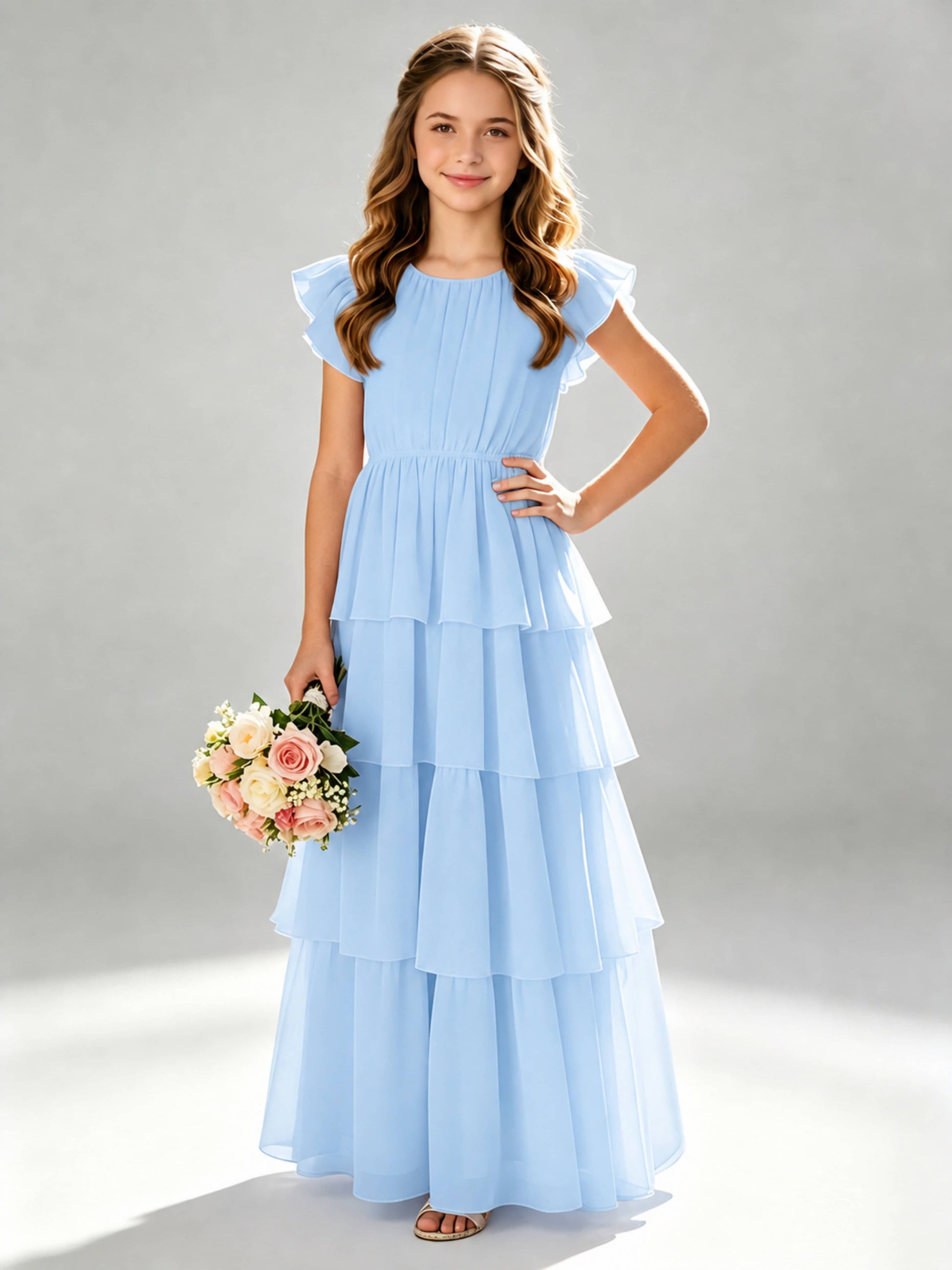 Chiffon Tiered Pleated Long Junior Bridesmaid Dresses