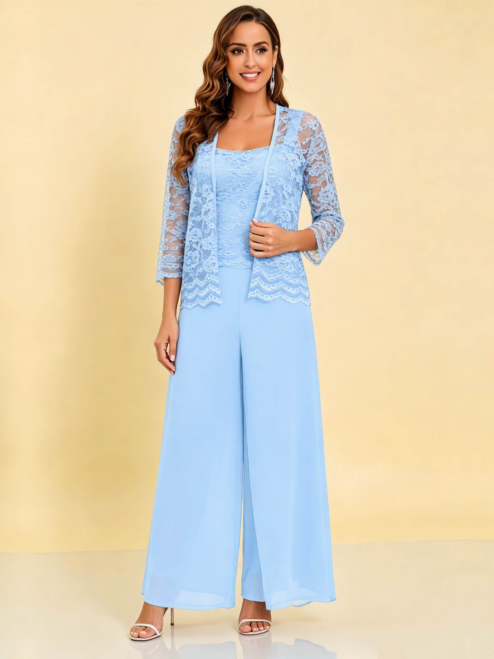 Chiffon Lace Flowy 3 Pieces Mother of The Bride Pant Suits Women Wedding