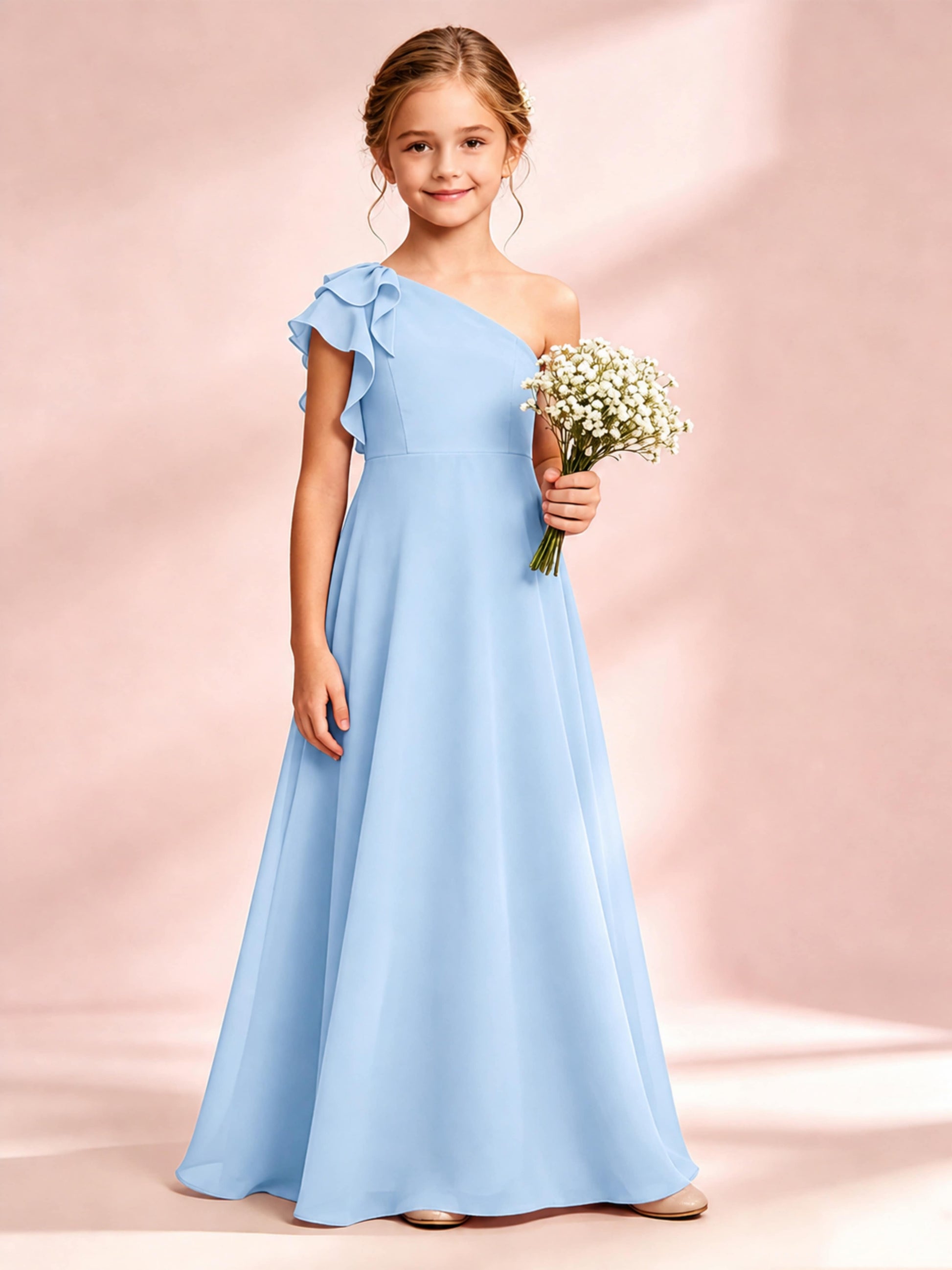 Chiffon Junior Bridesmaid Dress for Wedding One Shoulder Flower Girl Dresses