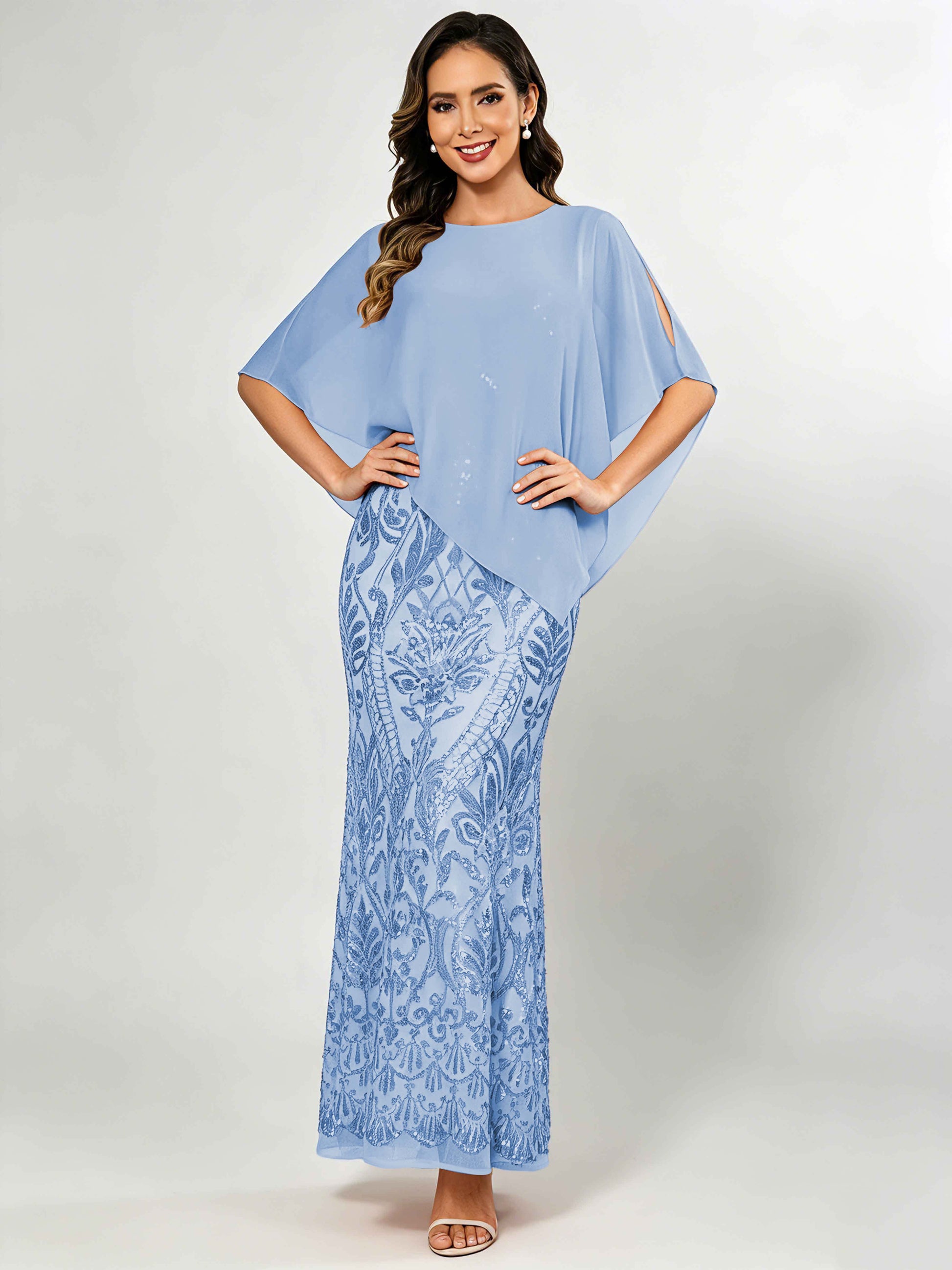 Mermaid Sequin Mother of The Bride Dress with Chiffon Cape