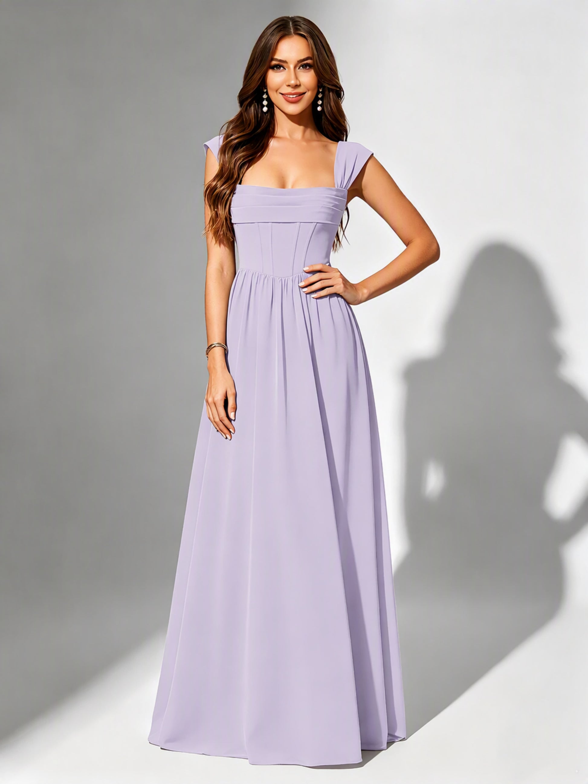 Square Neck Chiffon Bridesmaid Dress Corset Formal Gown
