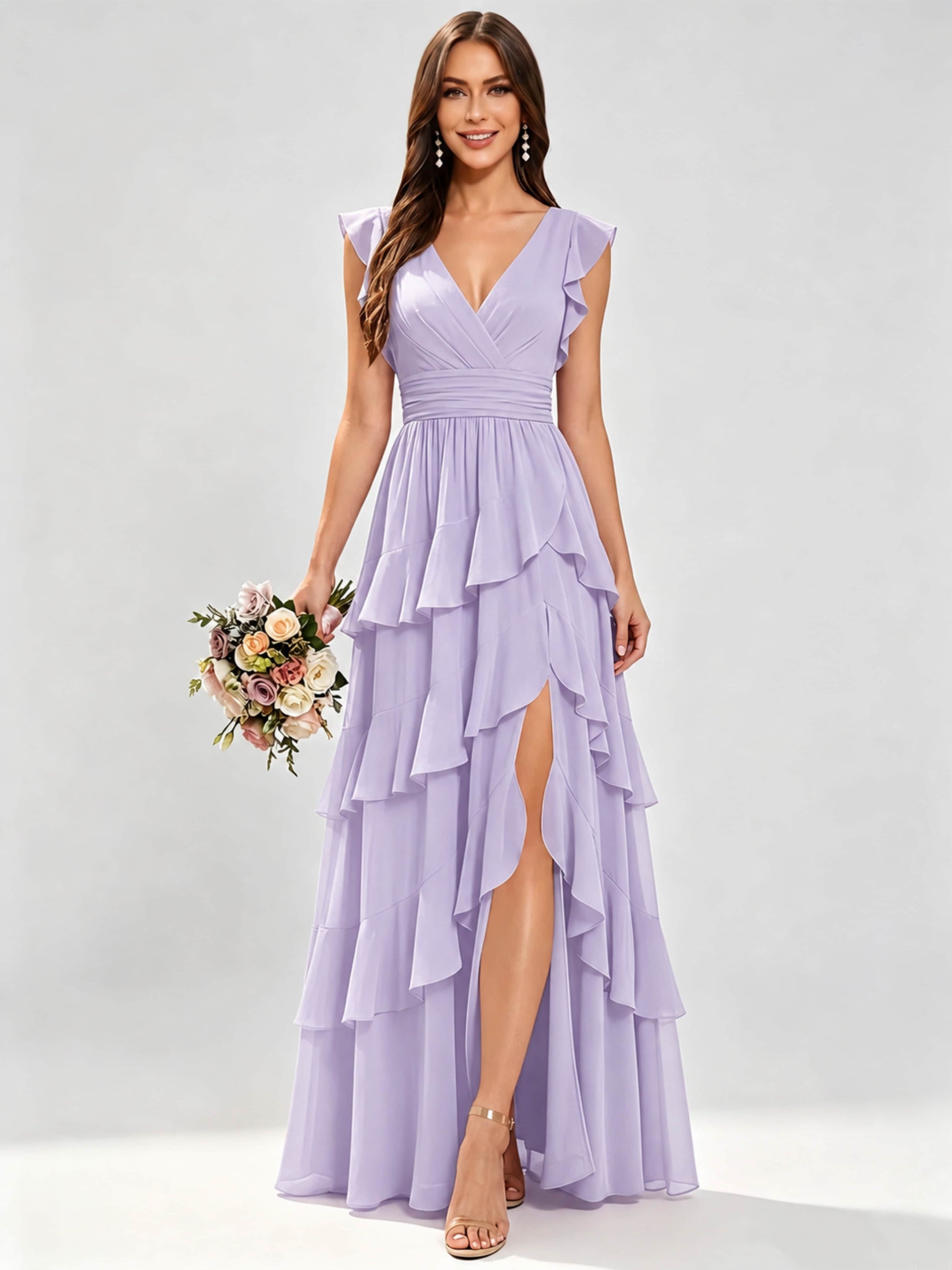Ruffle Sleeve Tiered Chiffon Bridesmaid Dresses for Wedding with Slit