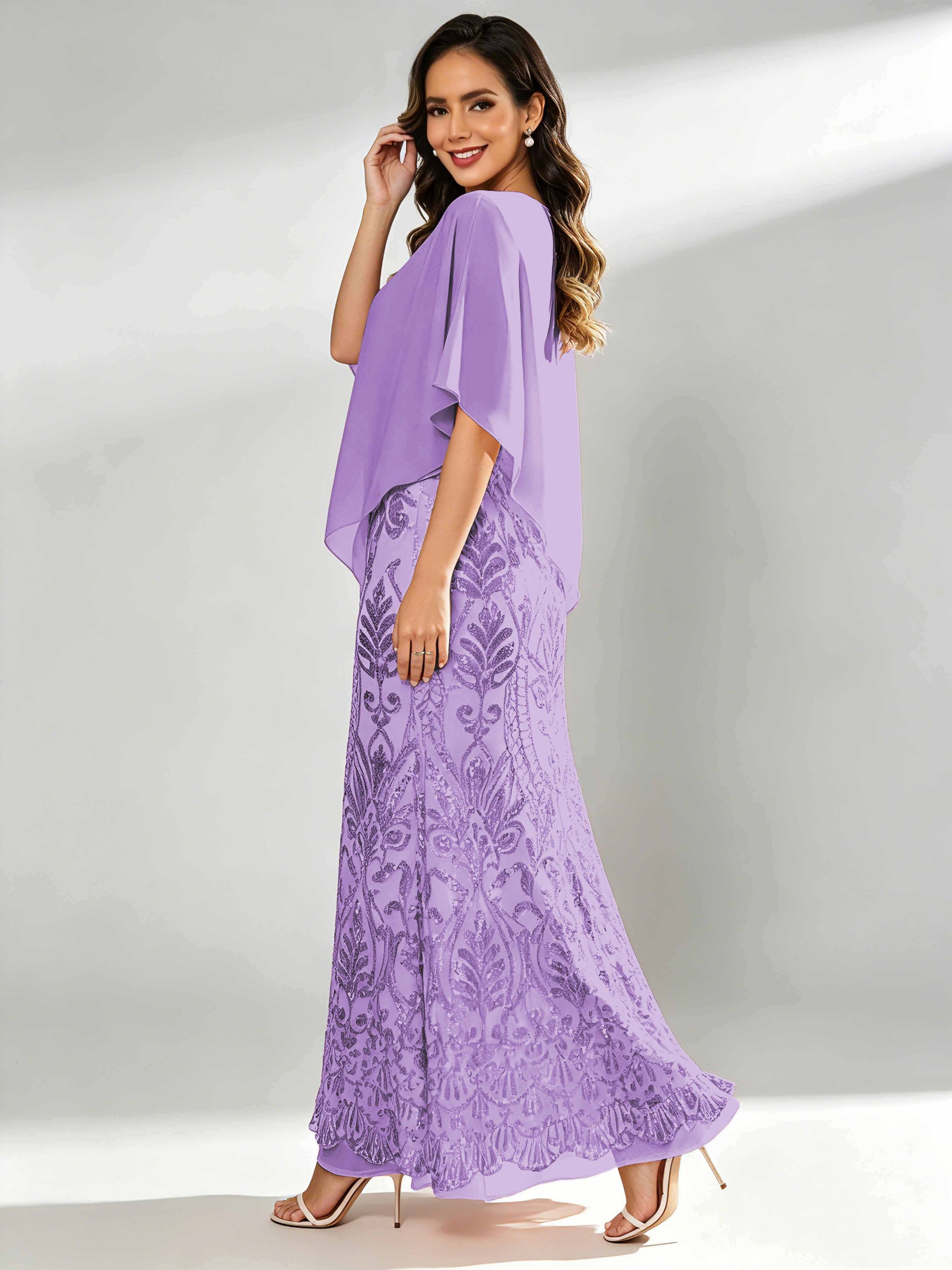 Mermaid Sequin Mother of The Bride Dress with Chiffon Cape