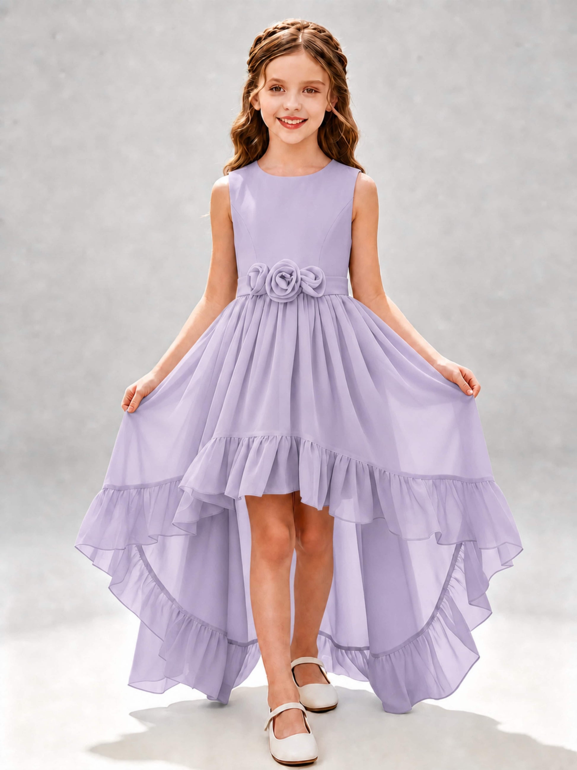 Chiffon 3D Flower High Low Junior Bridesmaid Dresses