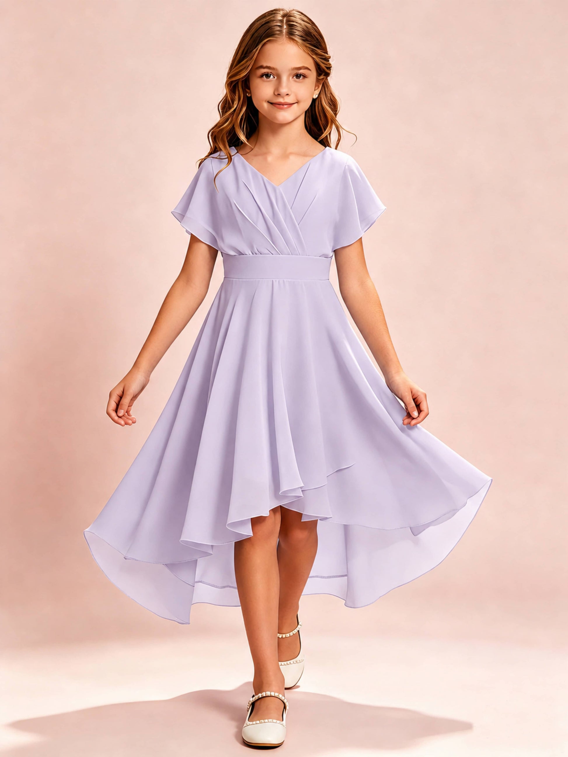 Chiffon High Low Cap Sleeve Junior Bridesmaid Dress for Wedding