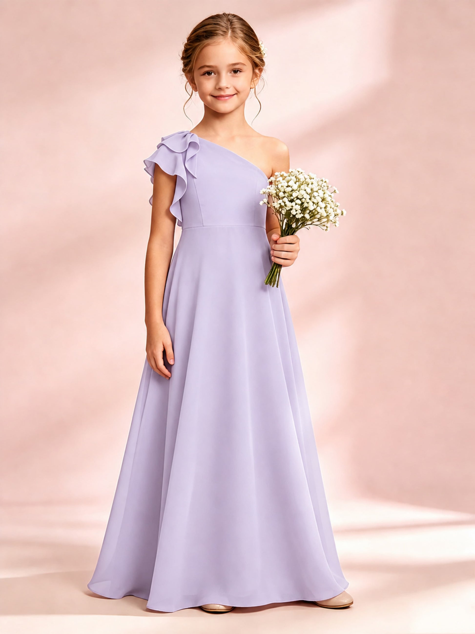 Chiffon Junior Bridesmaid Dress for Wedding One Shoulder Flower Girl Dresses