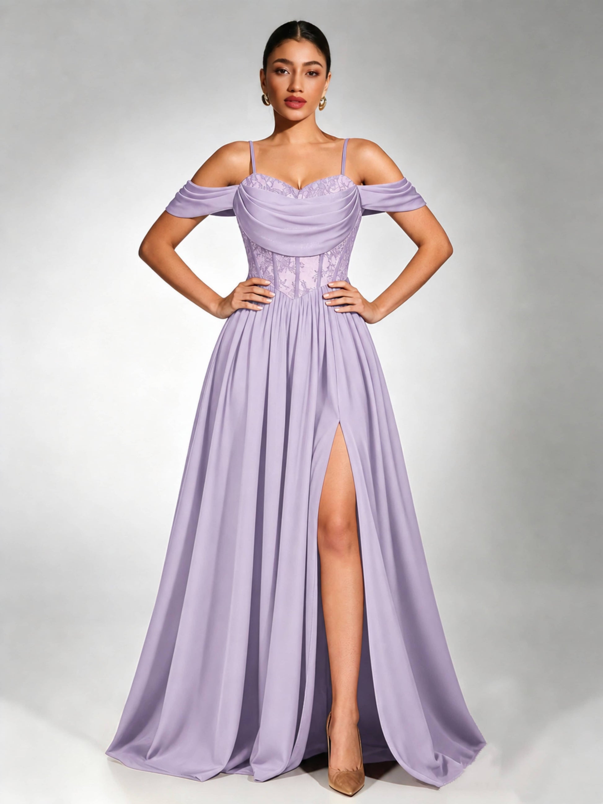 Off Shoulder Chiffon Lace Prom Dress for Teens