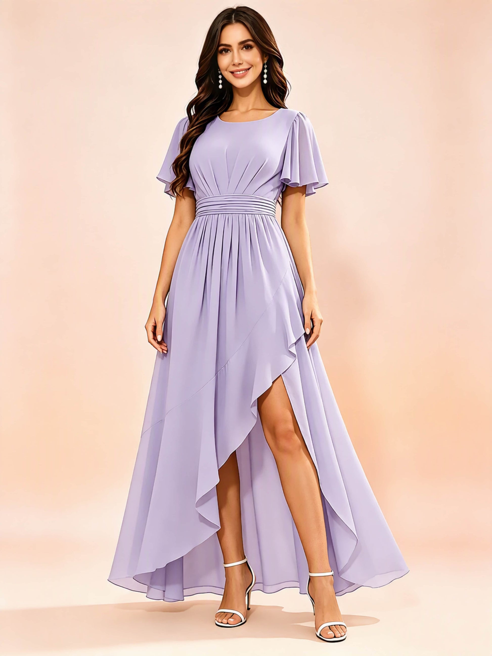 Chiffon High Low Round Neck Bridesmaid / Wedding Guest Dresses