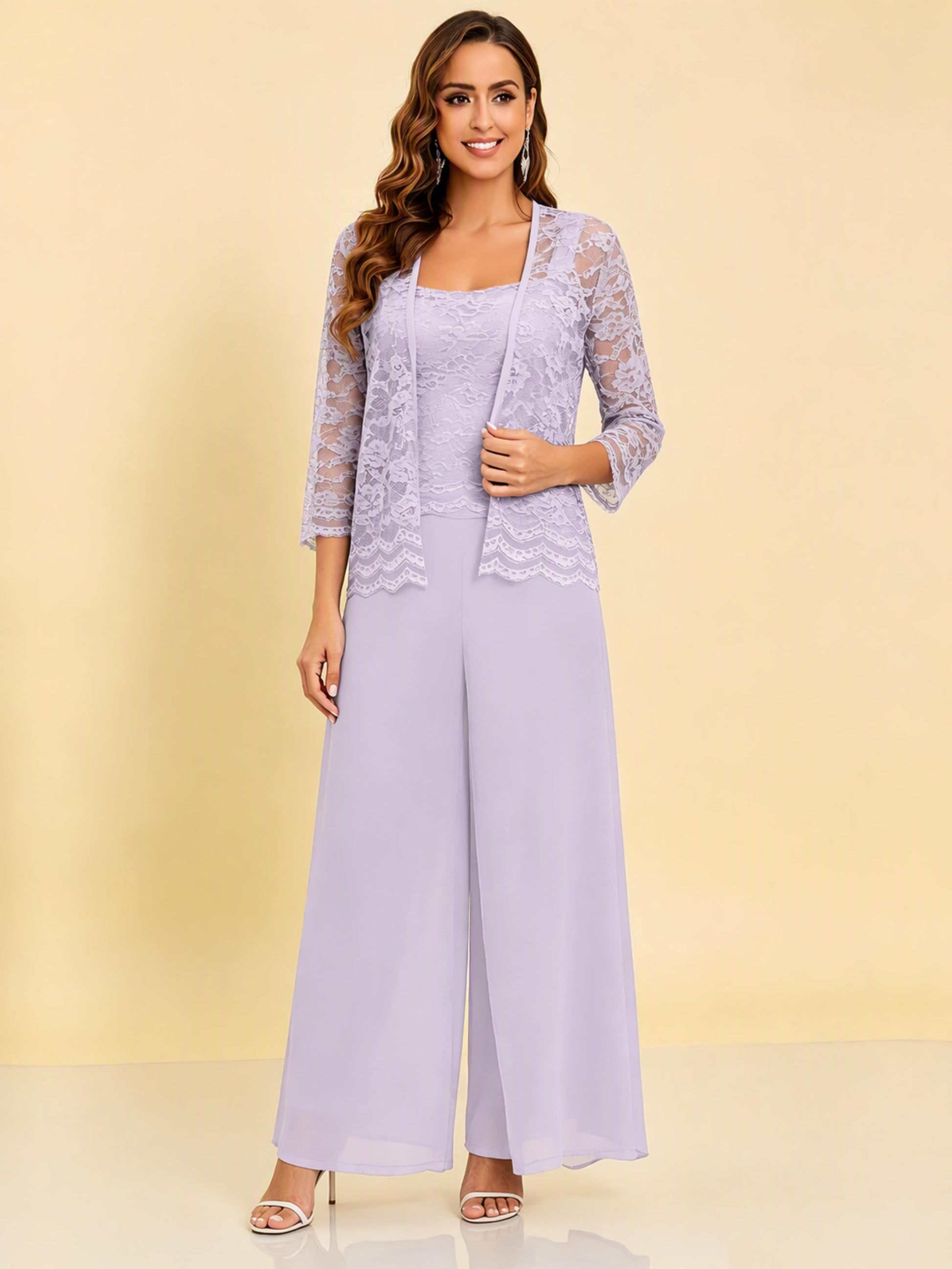 Chiffon Lace Flowy 3 Pieces Mother of The Bride Pant Suits Women Wedding