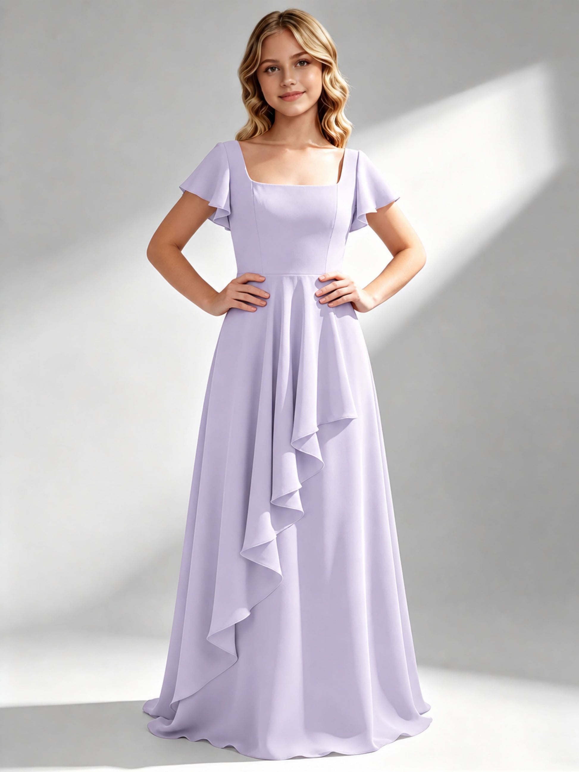 A-Line Square Neck Ruffle Junior Bridesmaid Dresses
