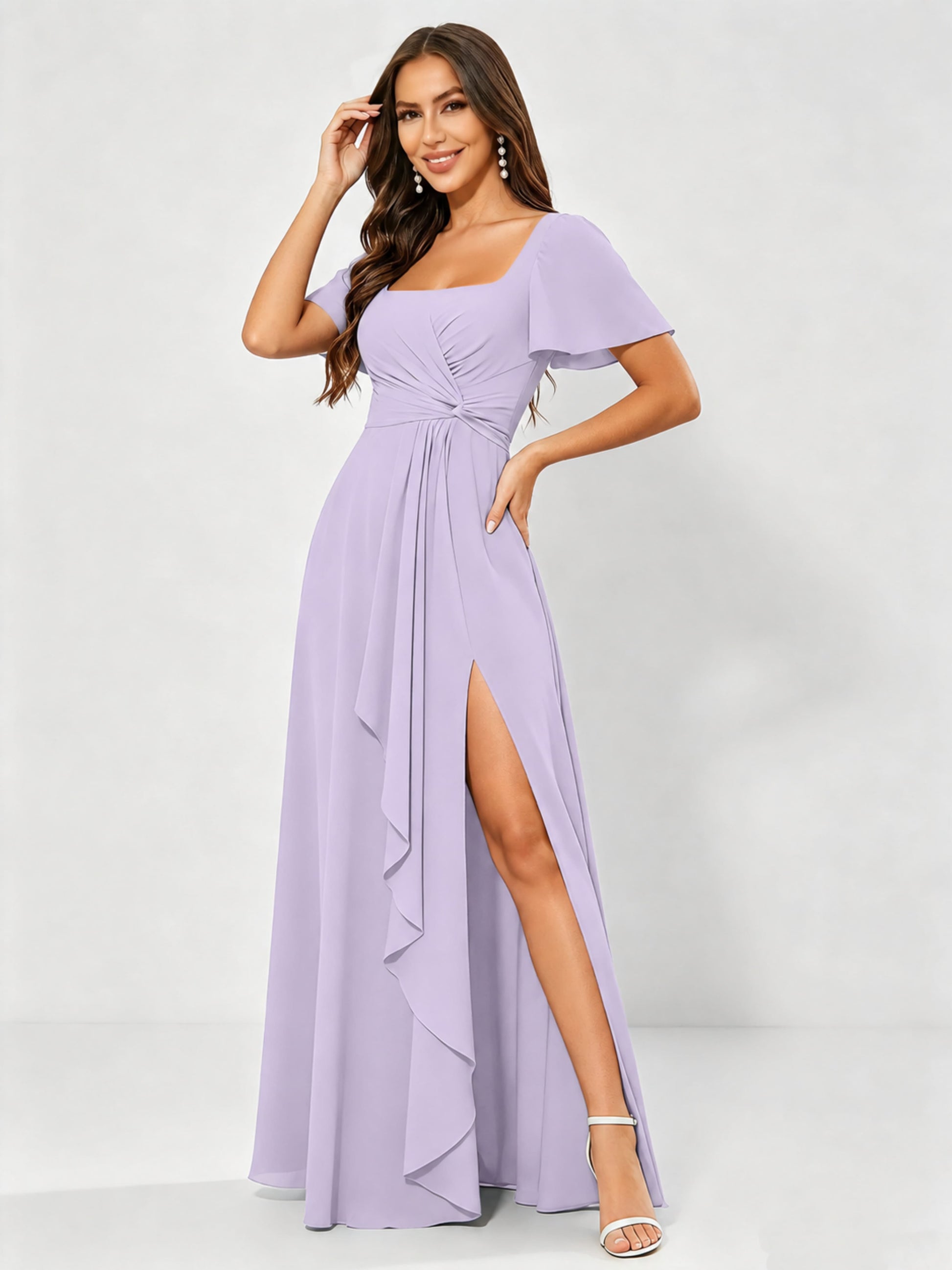 Square Neck Chiffon Ruffle Bridesmaid Dress with Slit