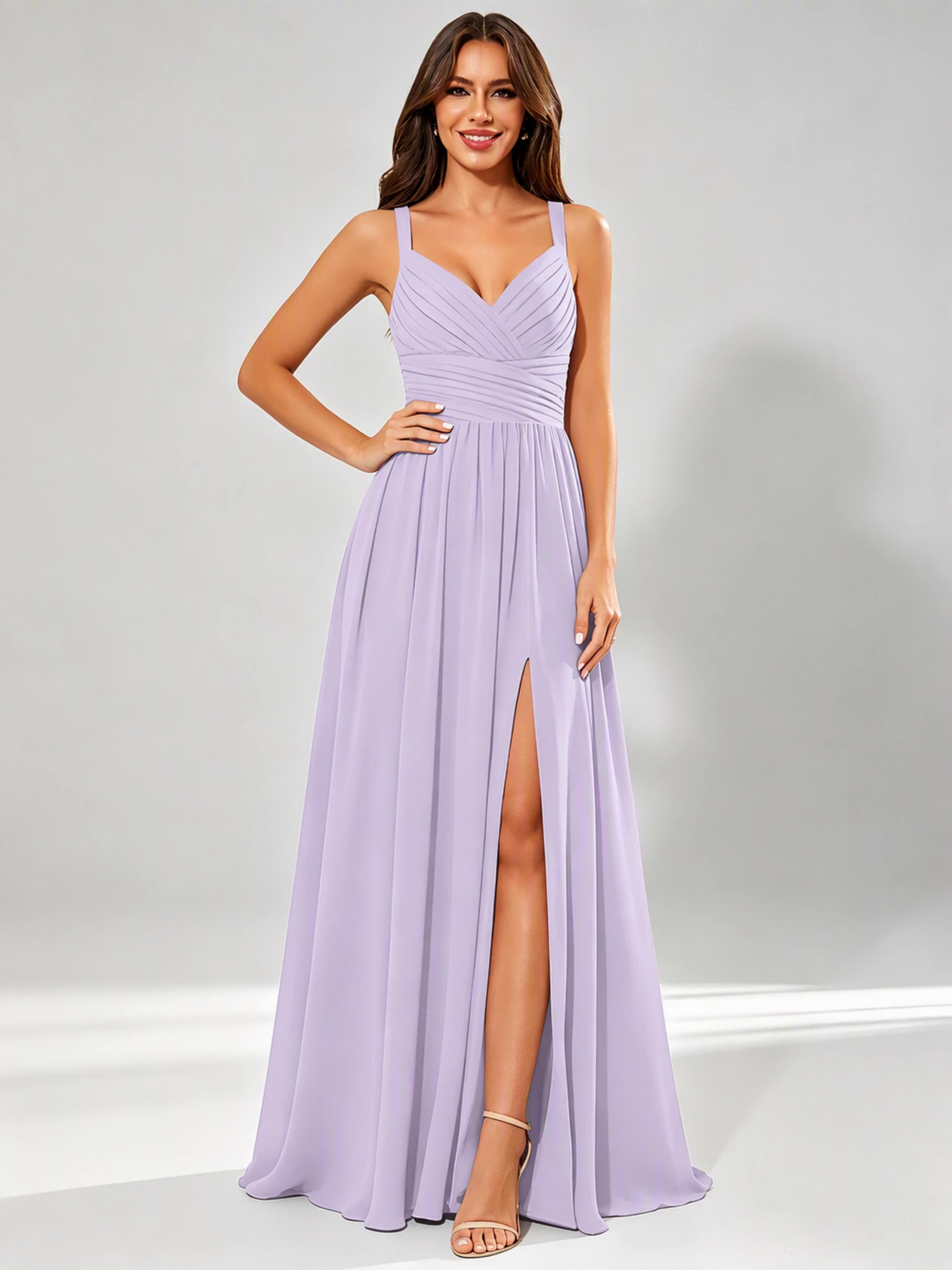 Spaghetti Straps Chiffon Ruched Bust Pleated Bridesmaid Dress for Wedding