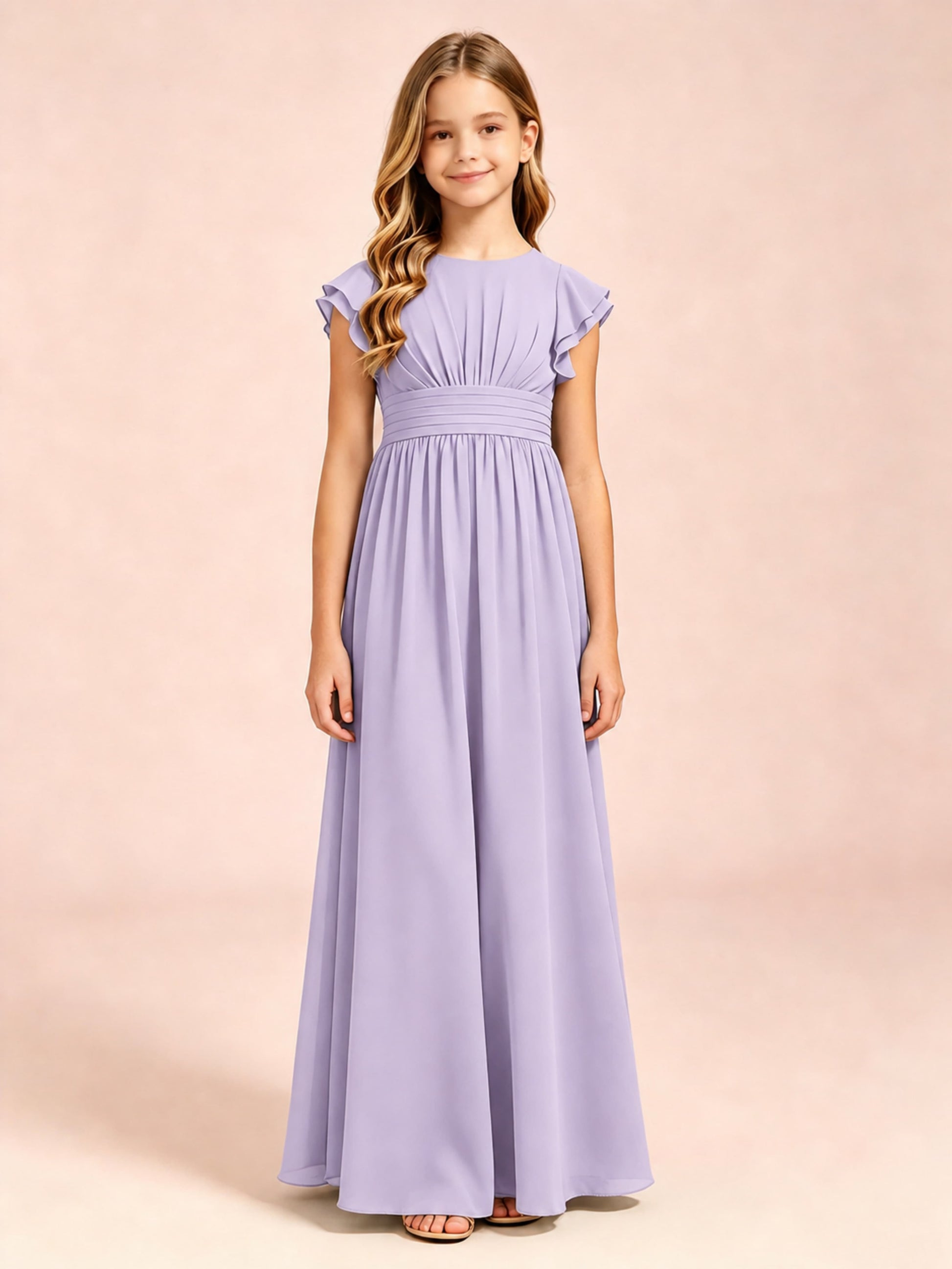 Chiffon Ruffle Cap Sleeve Junior Bridesmaid Dress for Wedding